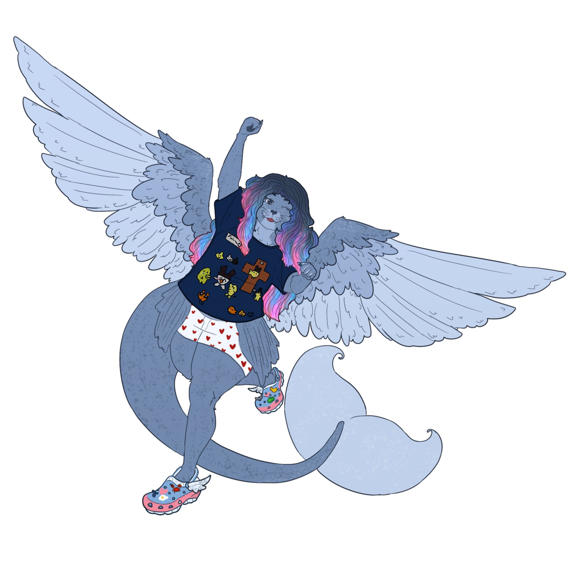 digital drawing of a blue seal fursona with wings and a mermaid tail posing. they are wearing an extravagant outfit with a tamagotchi crucifixion shirt, heart print boxers and trans colors crocs