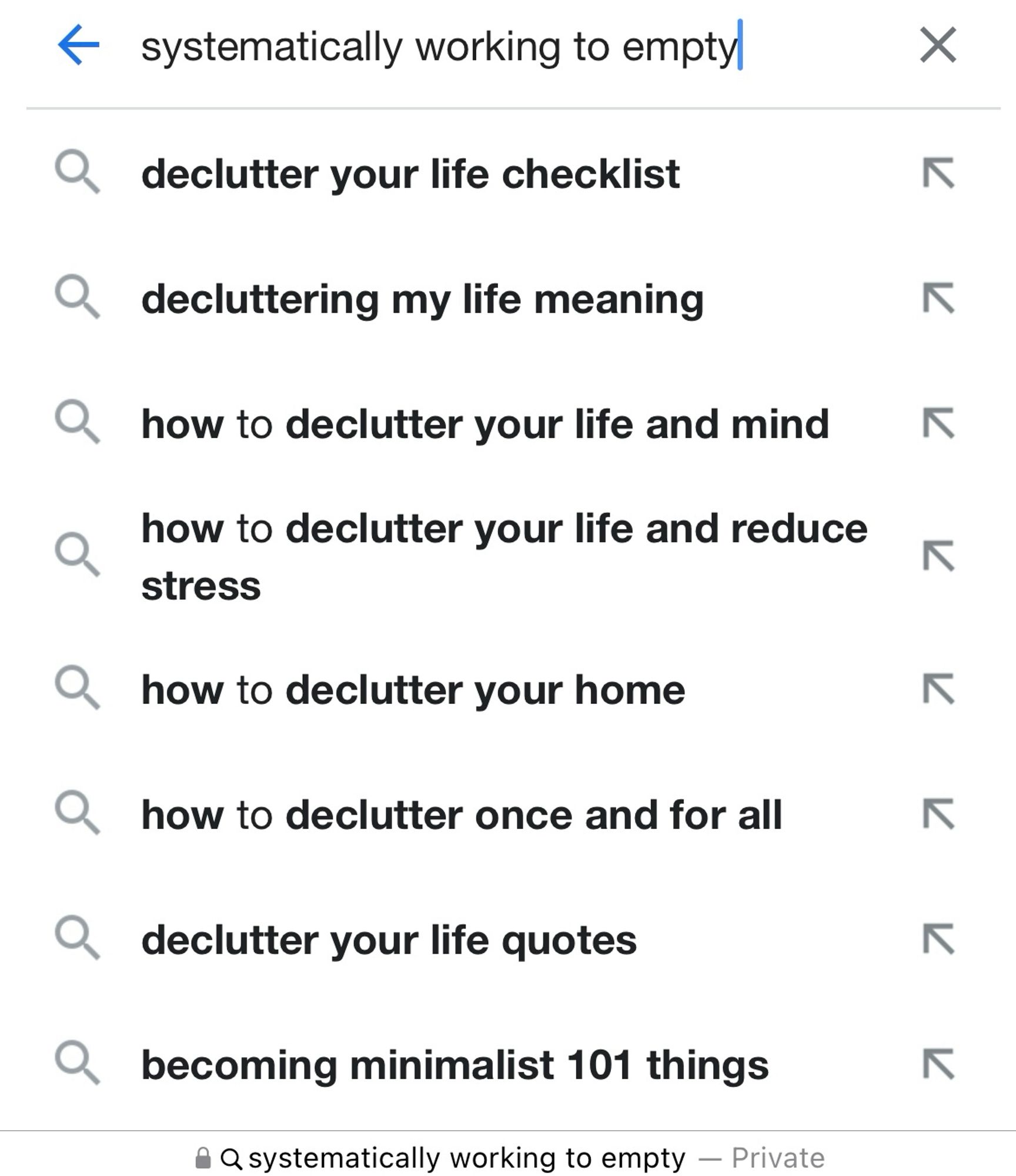 Screenshot of Google search suggestions for Benjamin Netanyahu quote about Israel’s mission to “systematically working to empty” what he considers the Curse. All results are inconsequential stress management techniques about decluttering your home, mind, and life.