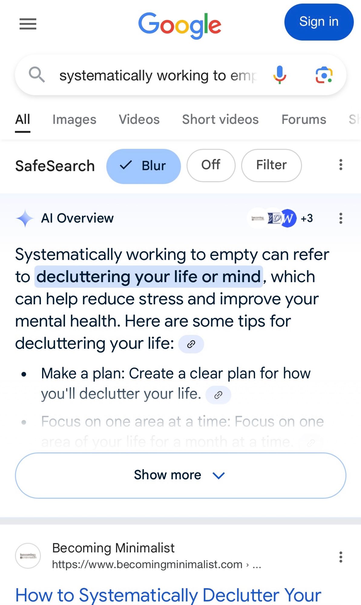 Screenshot of Google search results for Benjamin Netanyahu quote about Israel’s mission to “systematically working to empty” what he considers the Curse. All results are inconsequential stress management techniques about decluttering your home, mind, and life.