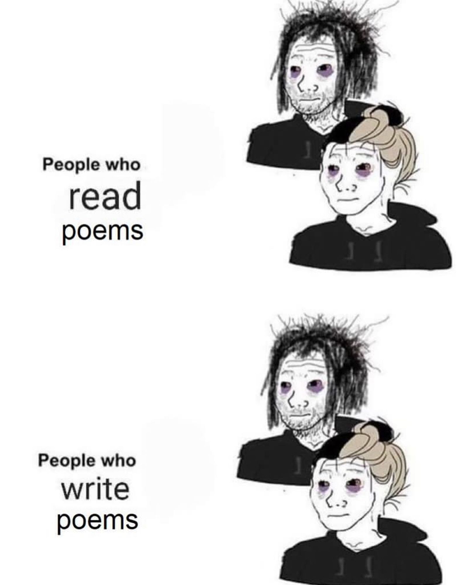 two sets of disheveled, exhausted people. one is labeled “people who read poems” and the other is labeled “people who write poems”