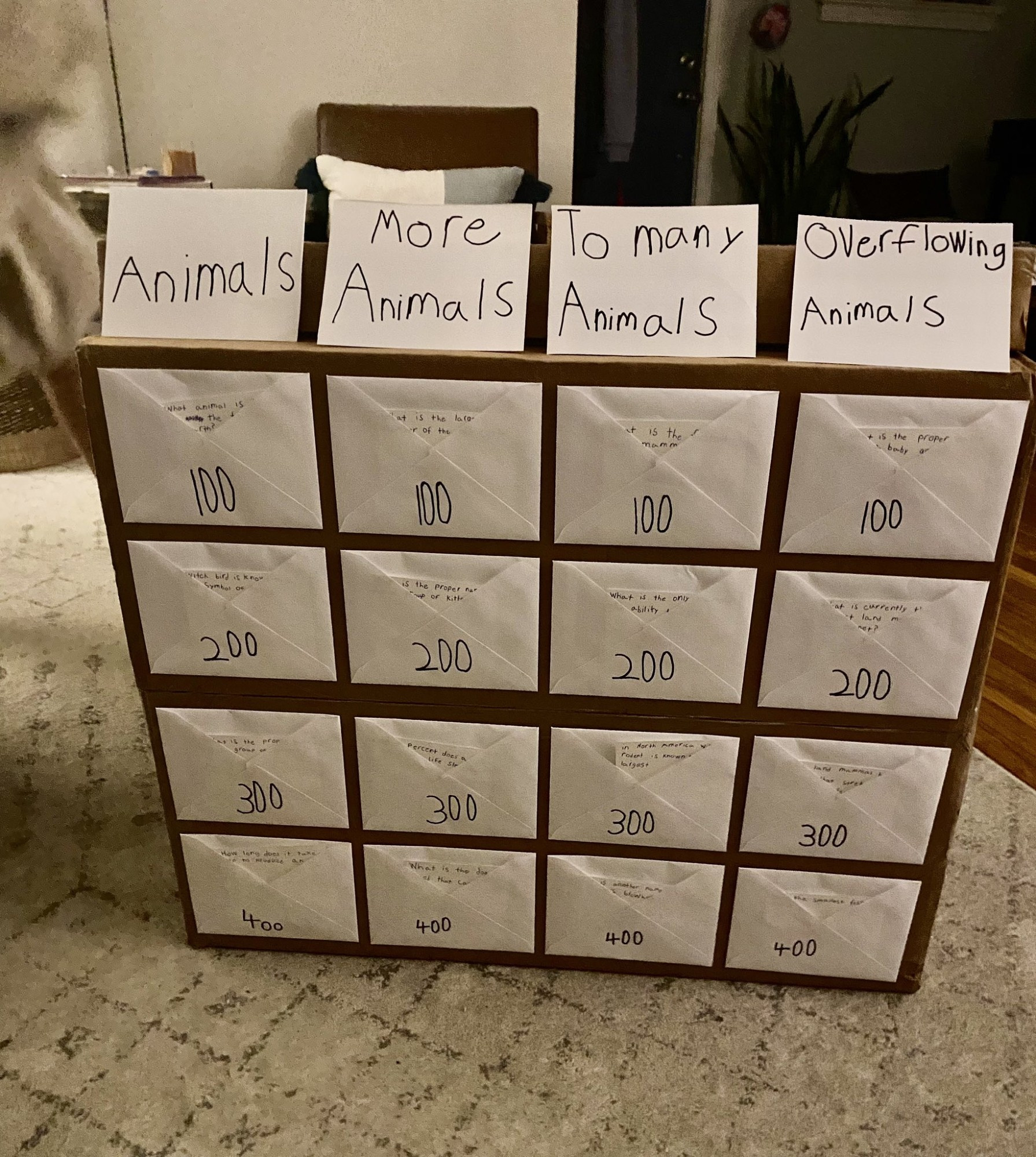 a cardboard box with four columns and four rows of envelopes, each envelop in a column with an increasing point value scrawled on it, from 100-400. Like jeopardy, each column has its own topic, with the questions in the column getting increasingly harder as the point values increase. the topics are: Animals, More Animals, To Many Animals, Overflowing Animals.