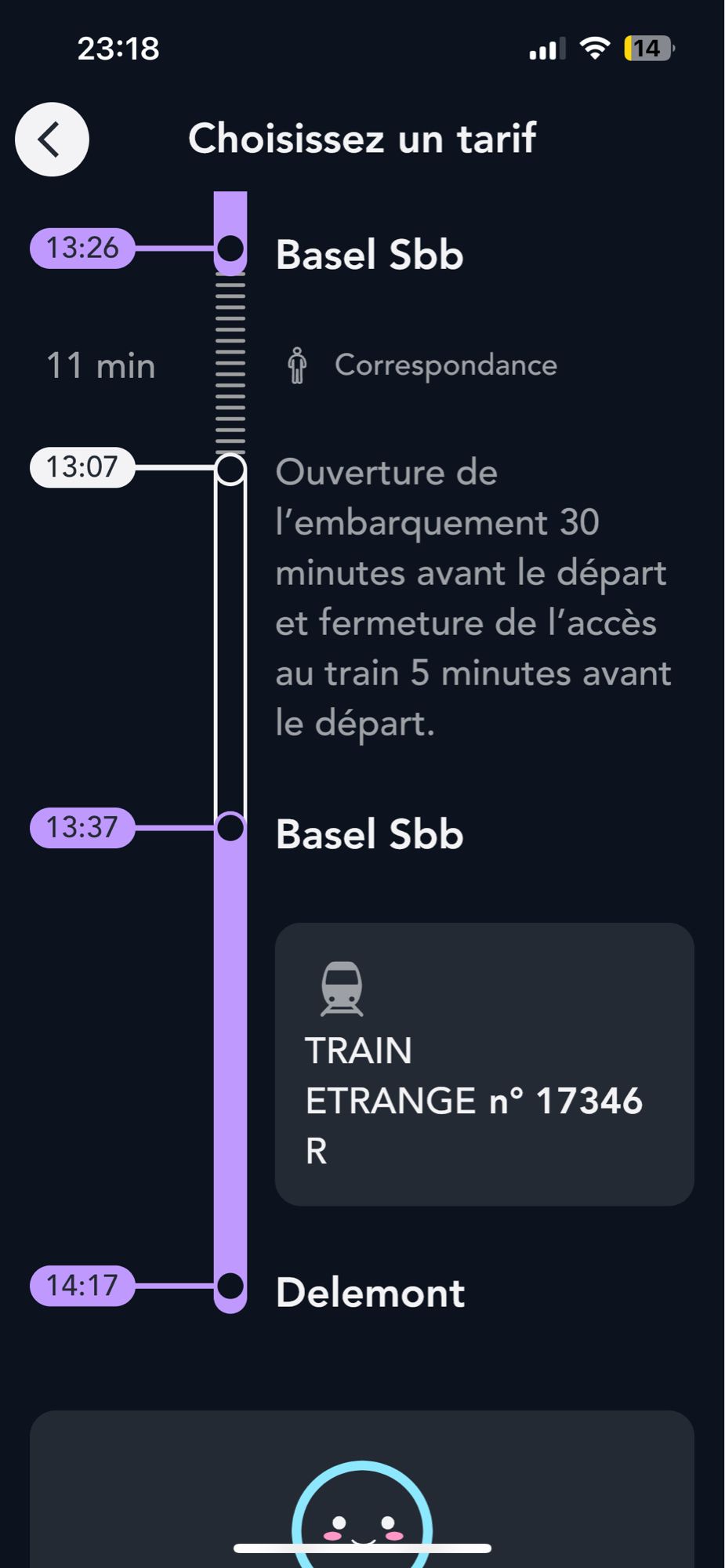 Capture d’écran du site d’achat sncf. Est mentionné un train « étrange » 17436