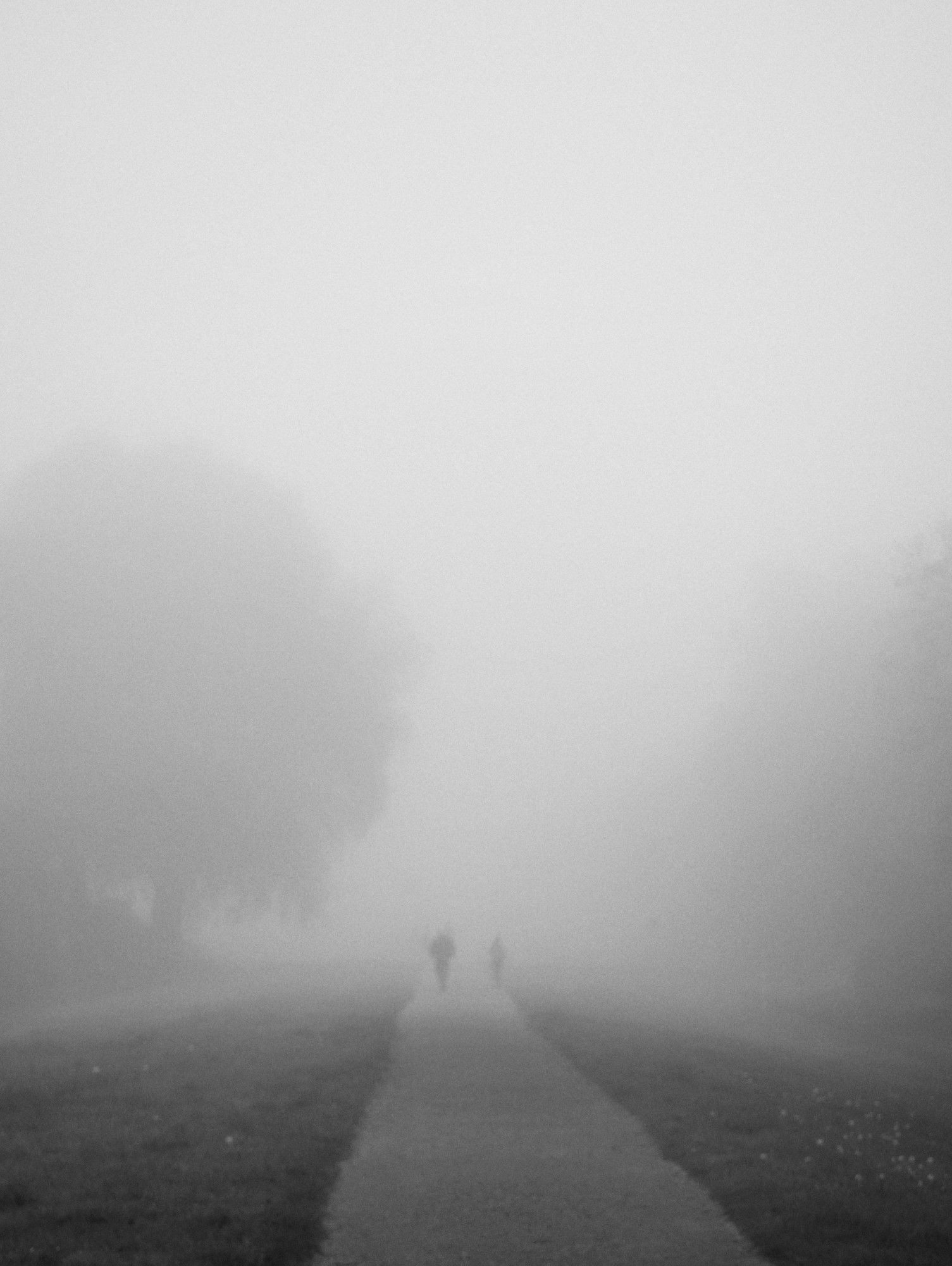 A footpath leading onto thick fog, outlines of a tree to the right and faint silhouettes of people the distance