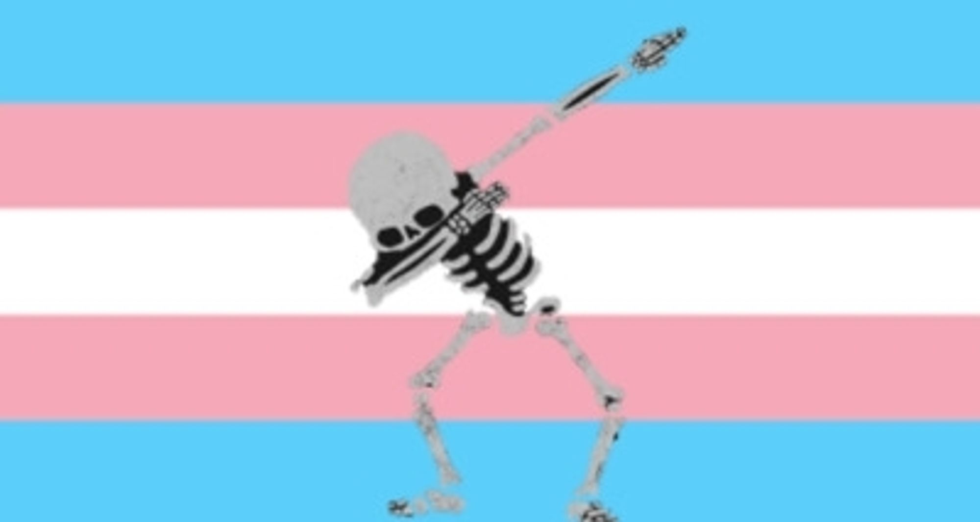 A cool skeleton dabbing over the trans flag