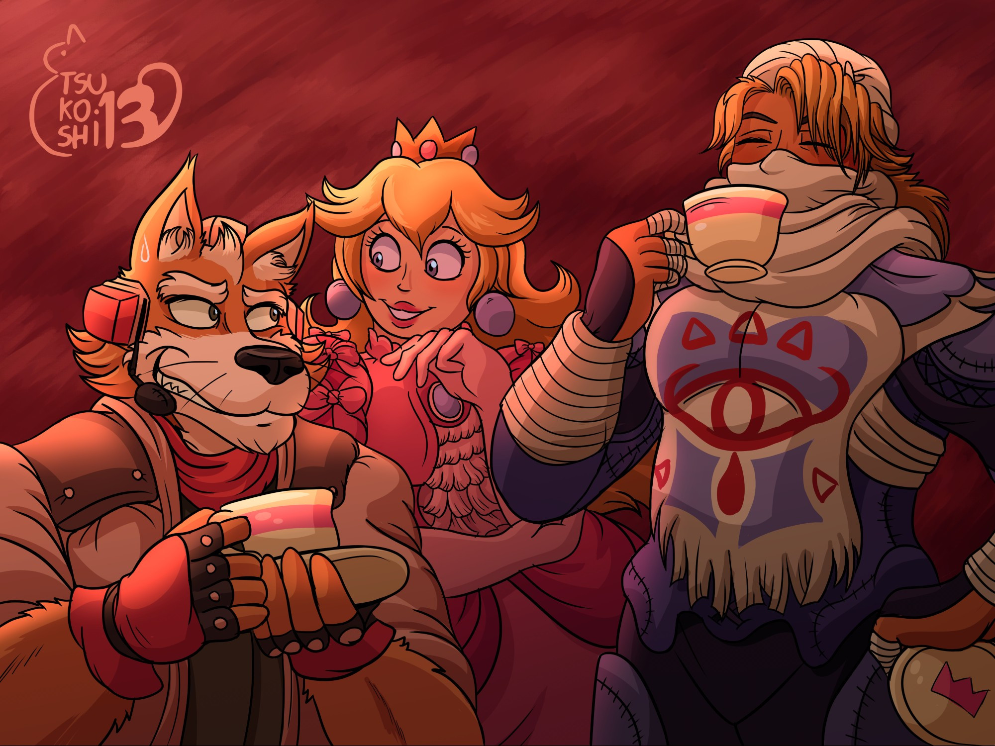 Fox looking at Peach with simultaneous thanks and confusion as he drinks a cup of tea with Sheik