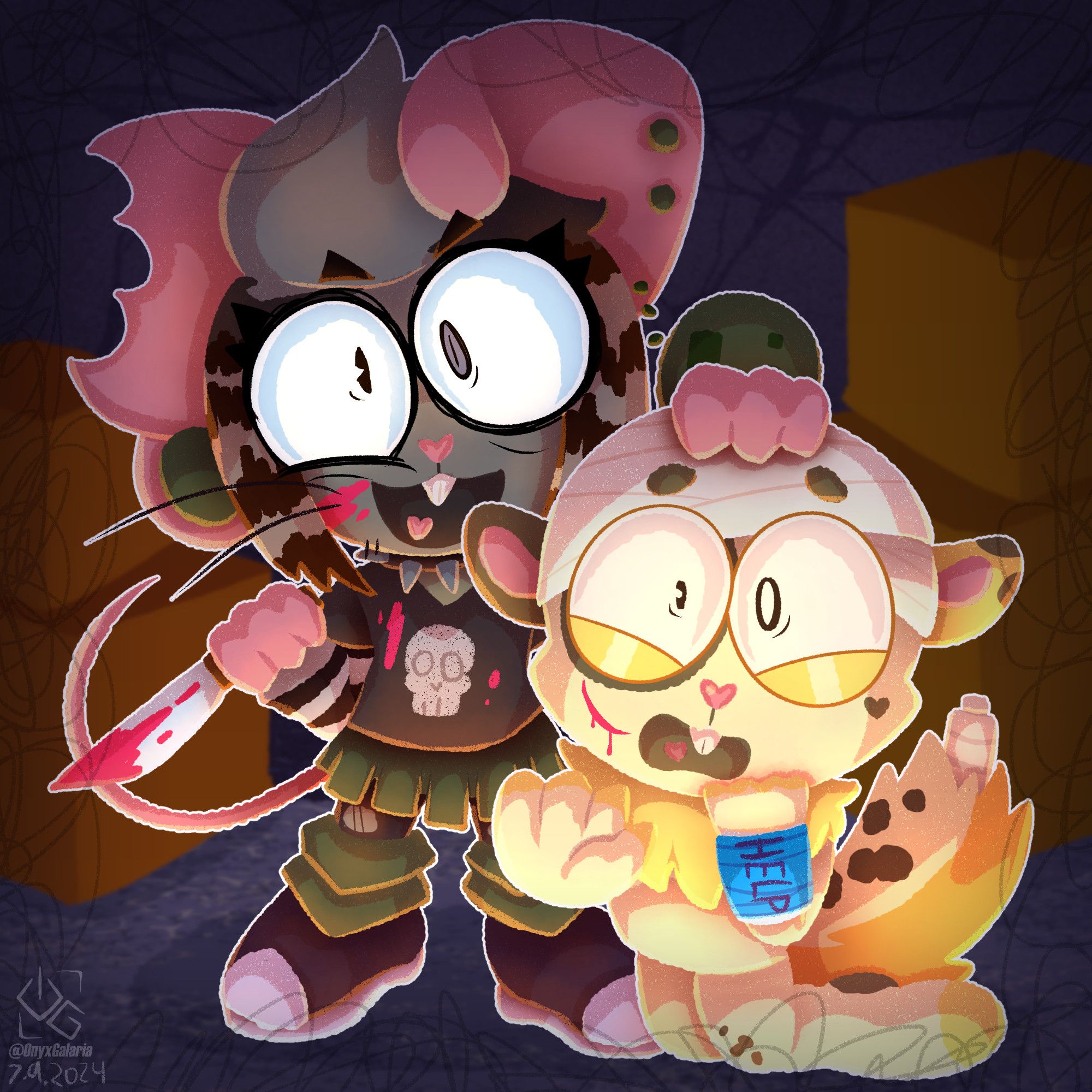 2 Happy Tree Friends styled characters in a grungy basement. One character, a crazy possum, is carrying a knife and holding down the other, a scared squirrel, who is reaching towards the camera.