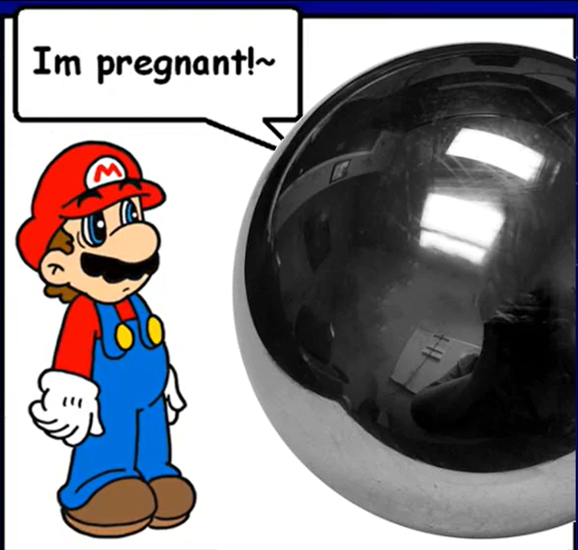 Screenshot from the video "MARIO BROTHERS MOVIE" with Peach announcing to Mario that she's pregnant, but Peach is replaced with Big Steely (the giant fucking metal ball from Super Mario World/Bob-omb Battlefield/Waluigi Pinball/etc)