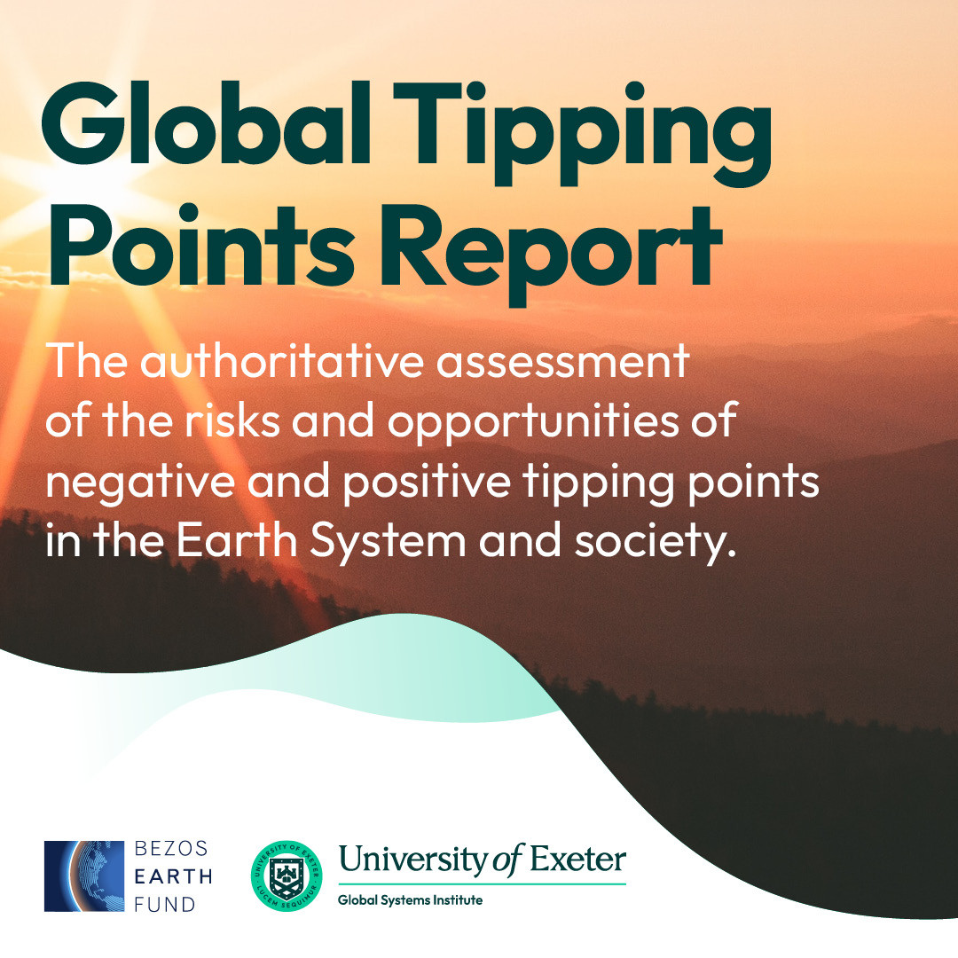 A cover image of the Global Tipping Points Report, with an image of a sunset in the background