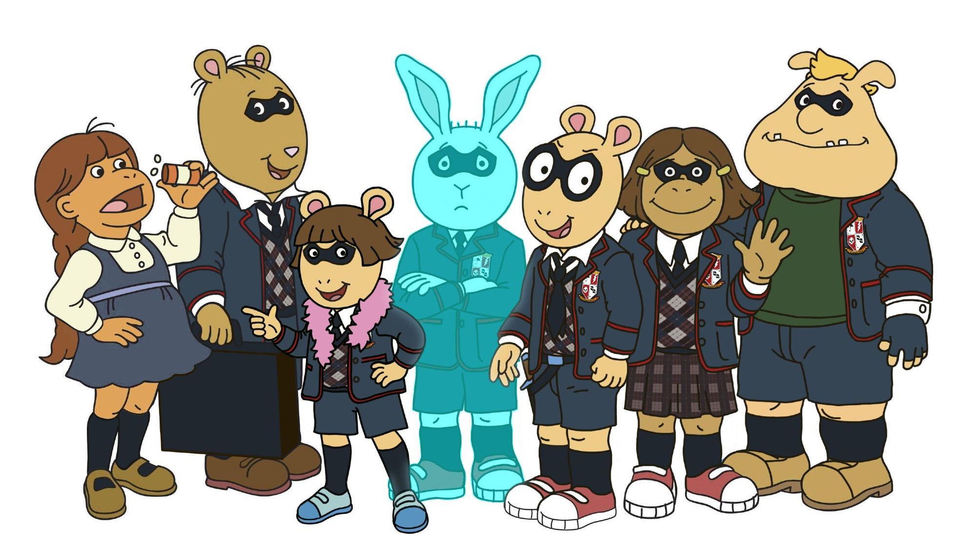 Illustration in the style of the cartoon "Arthur" where each major character from that series is modified to look a little like the cast of "Umbrella Academy" season 1.