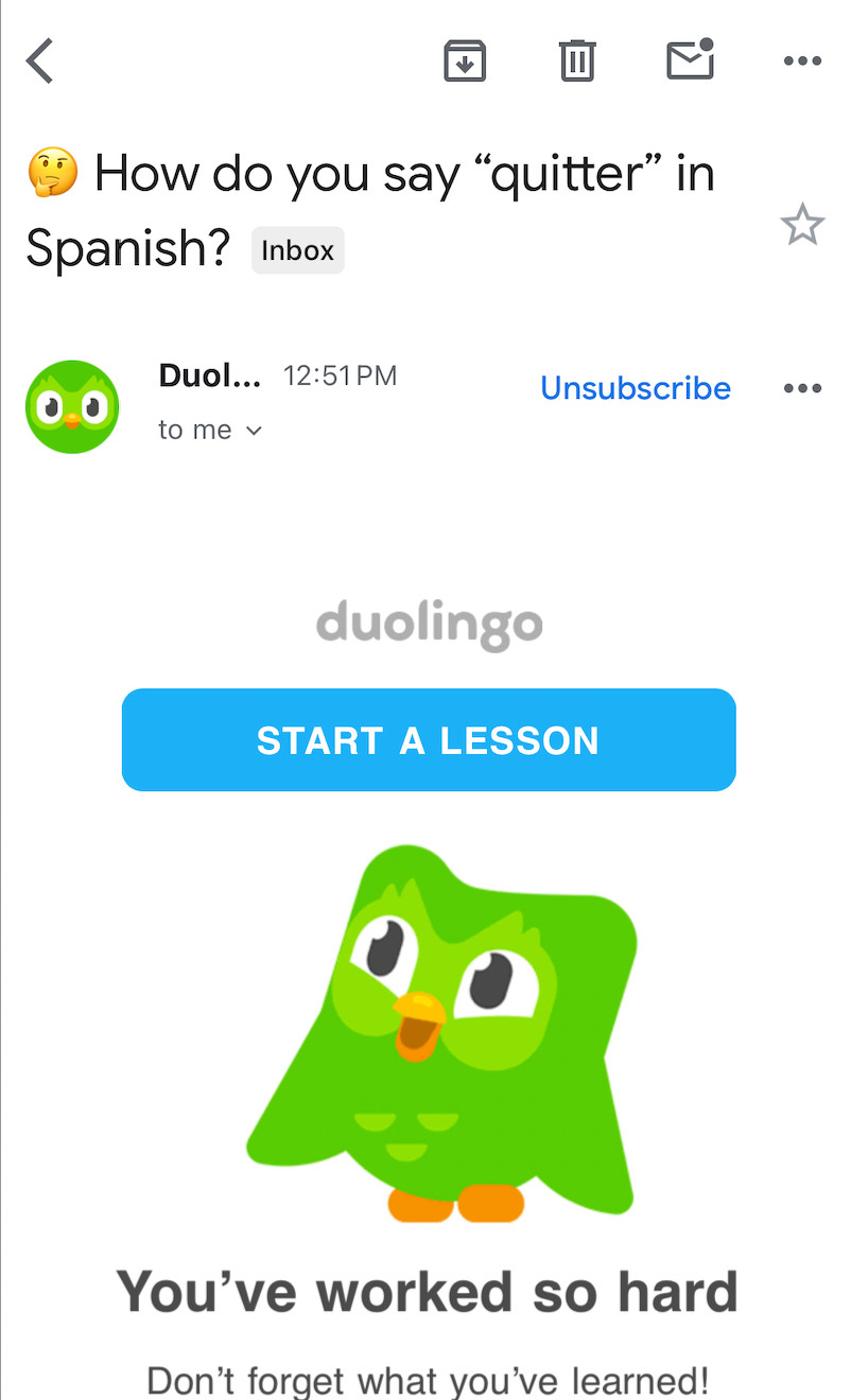 screenshot of a Duolingo email with subject line "How do you say 'quitter in Spanish?'"