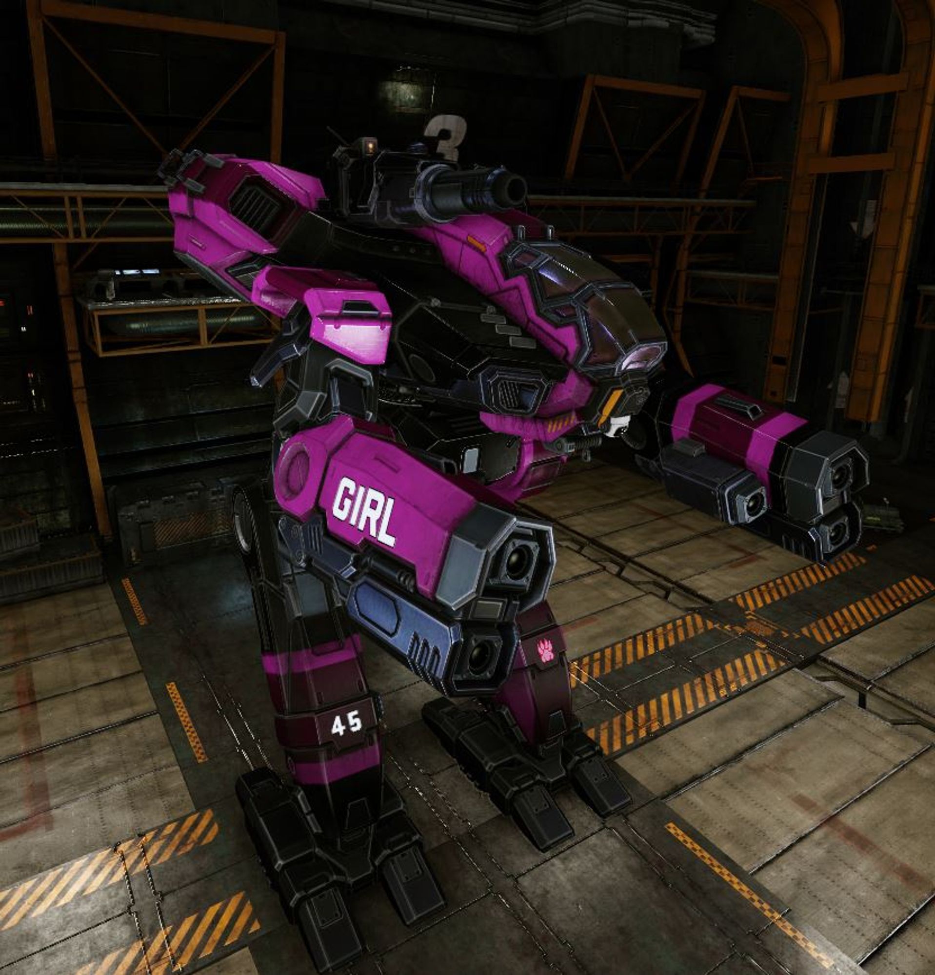 Picture of a MAD-BH Marauder battlemech. She's painted pink, purple, and black. A paw symbol is on her left leg while the number 45 is on the right. GIRL is written on her right arm.