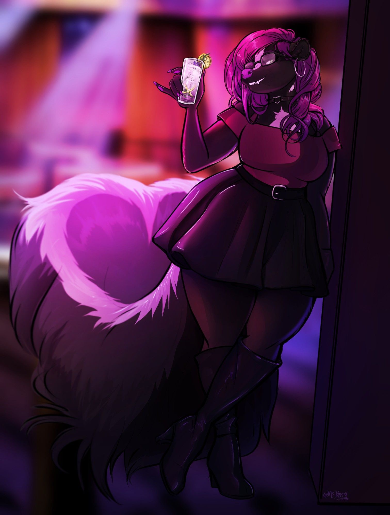 Picture of my skunk sona at a bar/club drinking her fav, a gin and tonic.