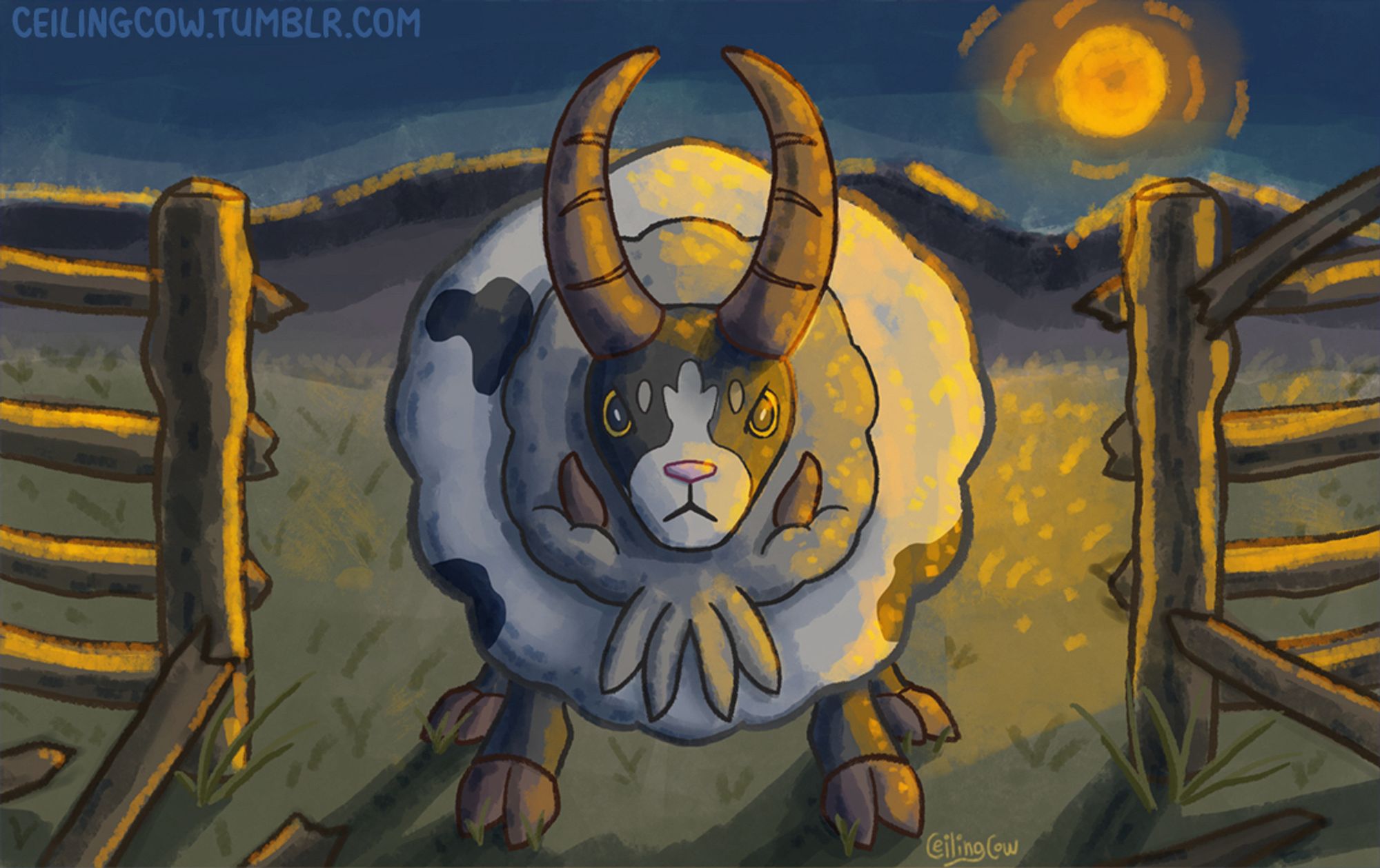 Digital painting of the Pokemon Dubwool, a four-horned sheep ram pokemon. It stands firmly planted, absolutely stanced if you will, by a section of fence it has just knocked down. An orange full moon shines from overhead illuminating the scene of a pasture, underneath dark blue skies with the mountains in the distance.