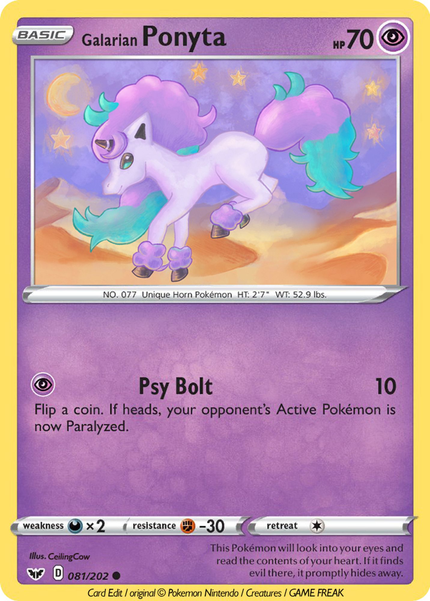 Digitally edited Galarian Ponyta Pokemon trading card that has the art from the last post edited into it.