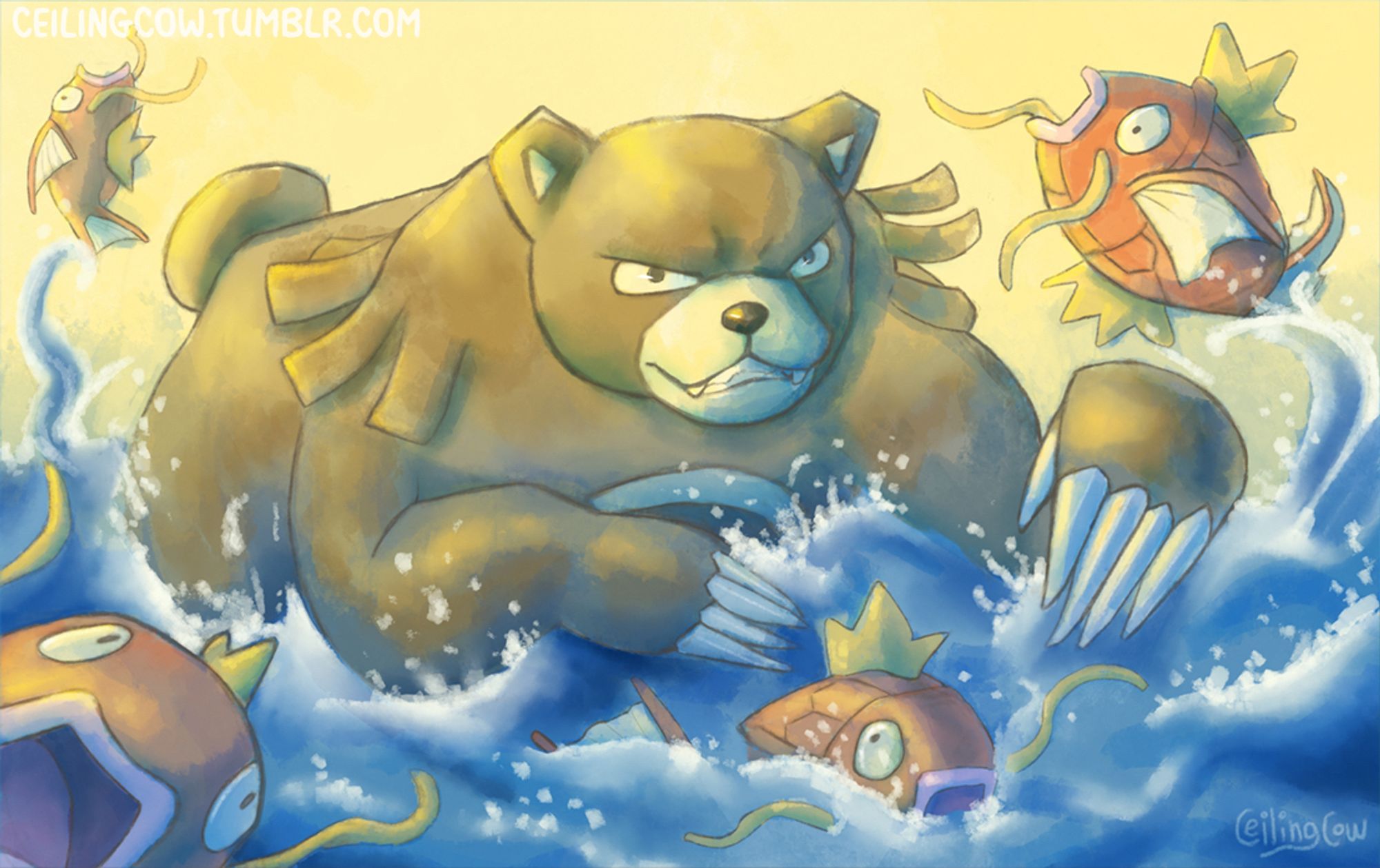 Digital painting of the bear-like Pokemon Ursaring trying to catch the fish Pokemon Magikarp in a river in the way that a real bear might try to catch salmon. The Ursaring swipes at a Magikarp and narrowly misses as it leaps high into the air from the churning water below. Other Magikarp flee and scatter.