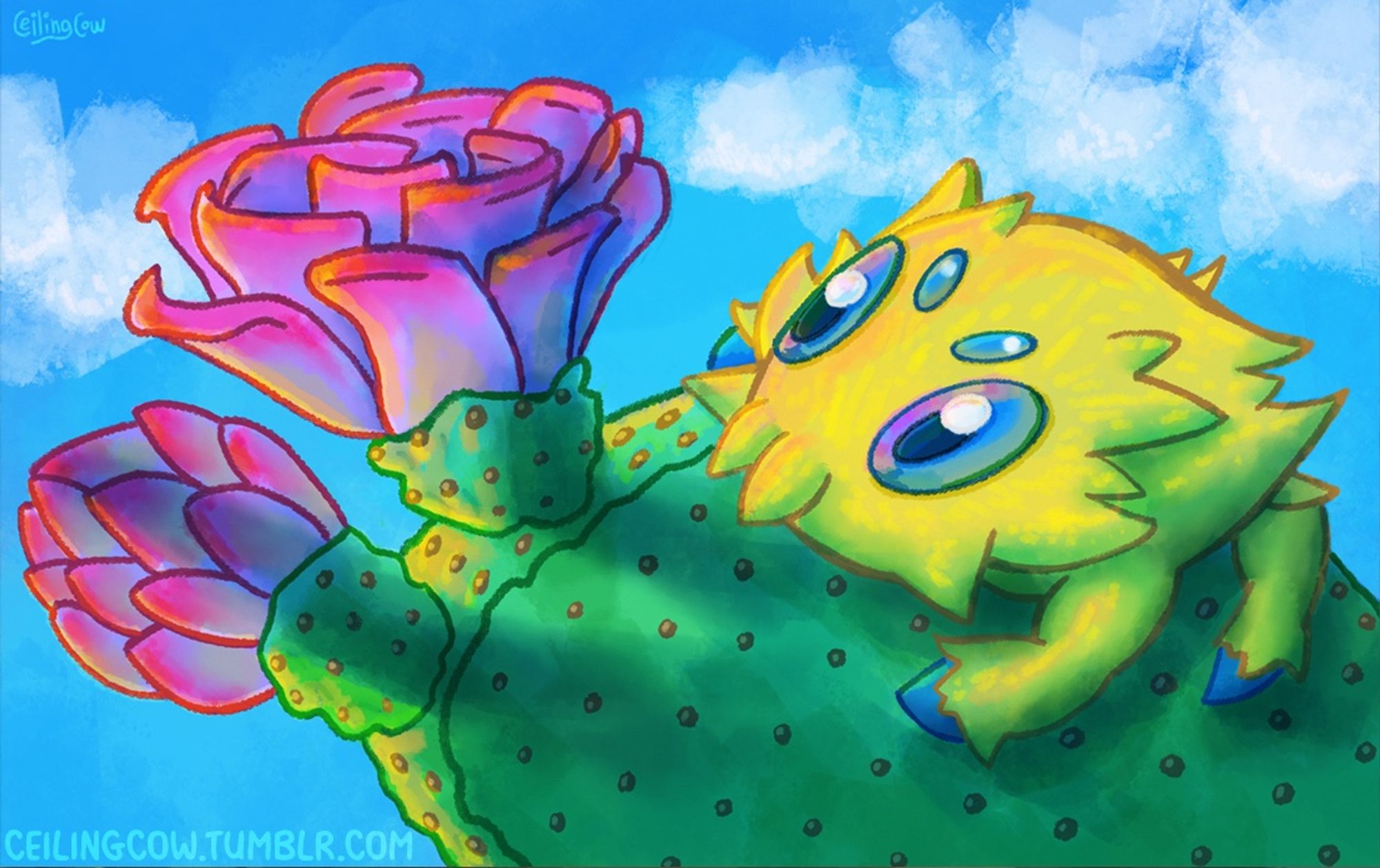 Digital painting of the Pokemon Joltik, a small yellow arachnid-ish creature with bright blue eyes and little clawtips. It’s perched on part of a beavertail cactus looking at a bright magenta cactus blossom. The backdrop is a bright blue sky with a few wispy clouds.