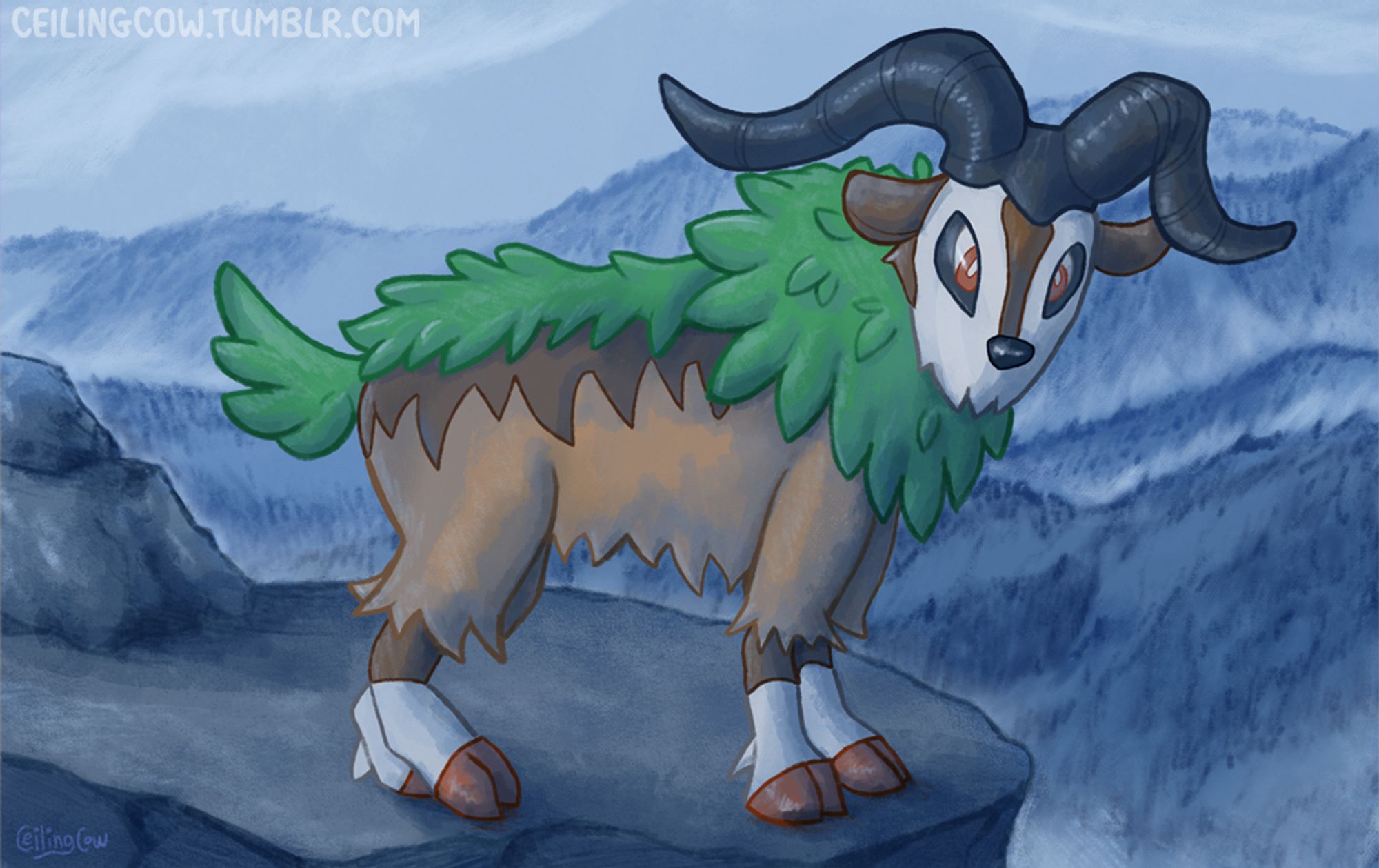 Digital illustration of the Pokemon Gogoat, a grass-type that looks like a brown mountain goat with a leaf neck ruff and leaf accents. It perches atop a gray cliff, with blue hazy mountains undulating in the background.