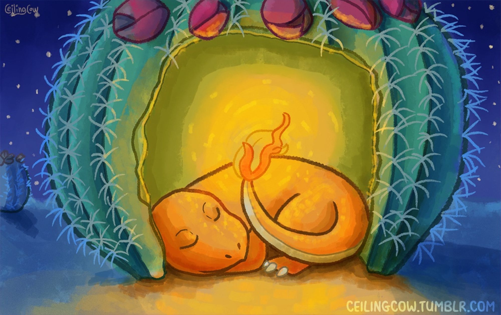 Digital painting of the Pokemon Charmander, an orange lizard with fire at the end of its tail. Charmander is cozily curled up to sleep inside a hollowed out barrel cactus, its flame tail lighting the interior, the cozy glow spilling from the cactus’s entrance. Outside the cactus is a deep blue desert night with stars.