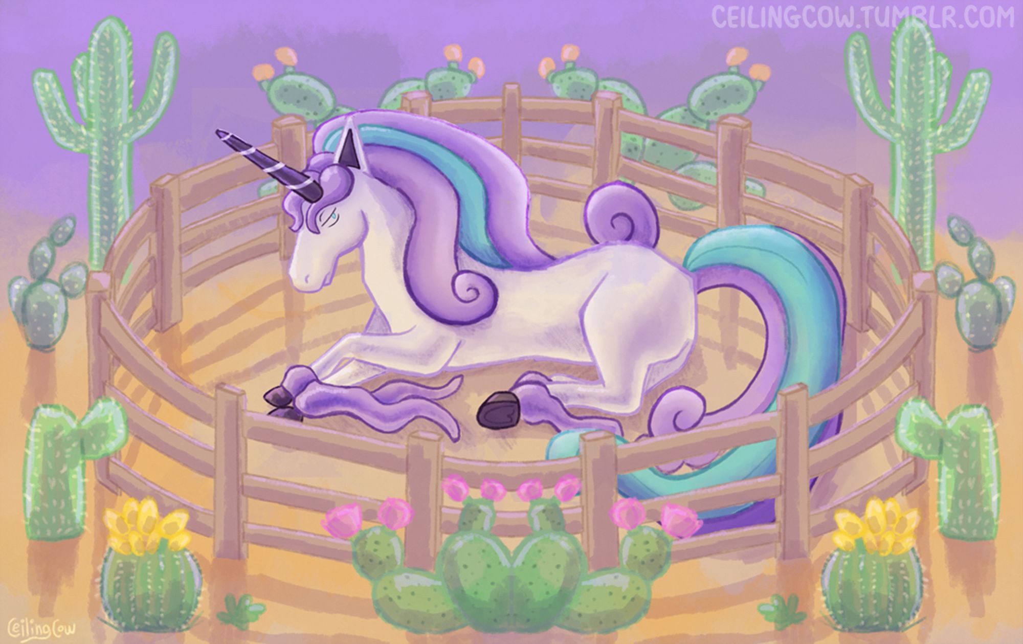 Stylized digital illustration of a Galarian Rapidash, a purple-turquoise-white unicorn pokemon, confined in a small oval corral. The corral is surrounded by various cactuses.