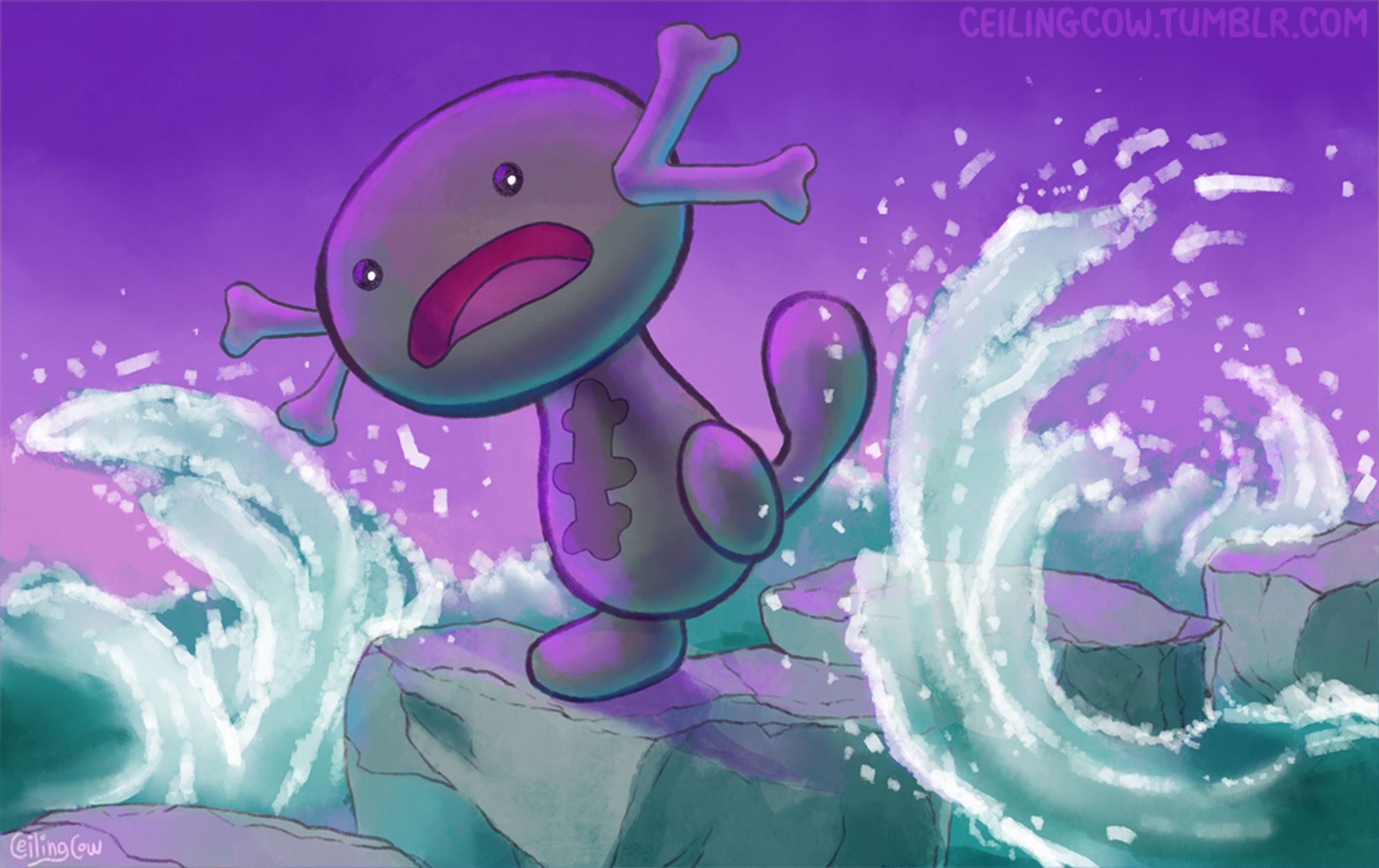 Digital painting of a Paldean Wooper, a brown poison/ground type Pokemon that is a regional variant of the amphibious Wooper. It hops from rock to rock, but the crashing of water against its rocky perch spooks the little creature. Above is a purple-fading-to-pink sky and below churning turquoise waters.