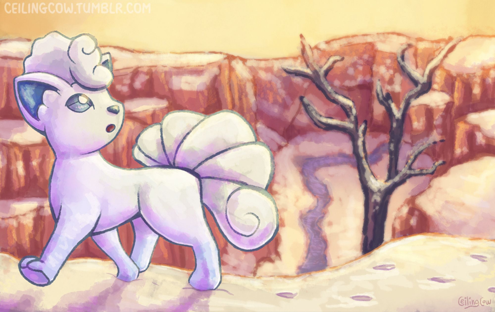 A digital painting featuring an Alolan Vulpix, a fox-like creature with a white pelt, walks in the snow along the top ridge of a canyon. Far below a river snakes through a valley surrounded by red-orange cliffs dotted with snowfall.