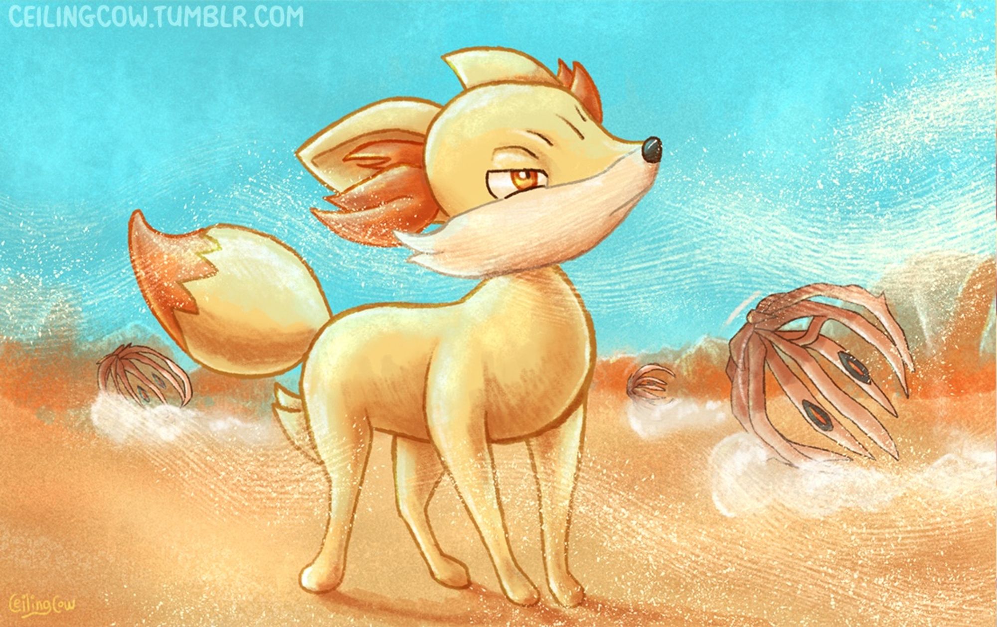 A digital painting of the fire-type fox Pokemon Fennekin. It stands in a desert landscape where wind is blowing sand in its face. Behind Fennekin in the distance, the tumbleweed-like Pokemon Bramblin get blown across the sandy plain.