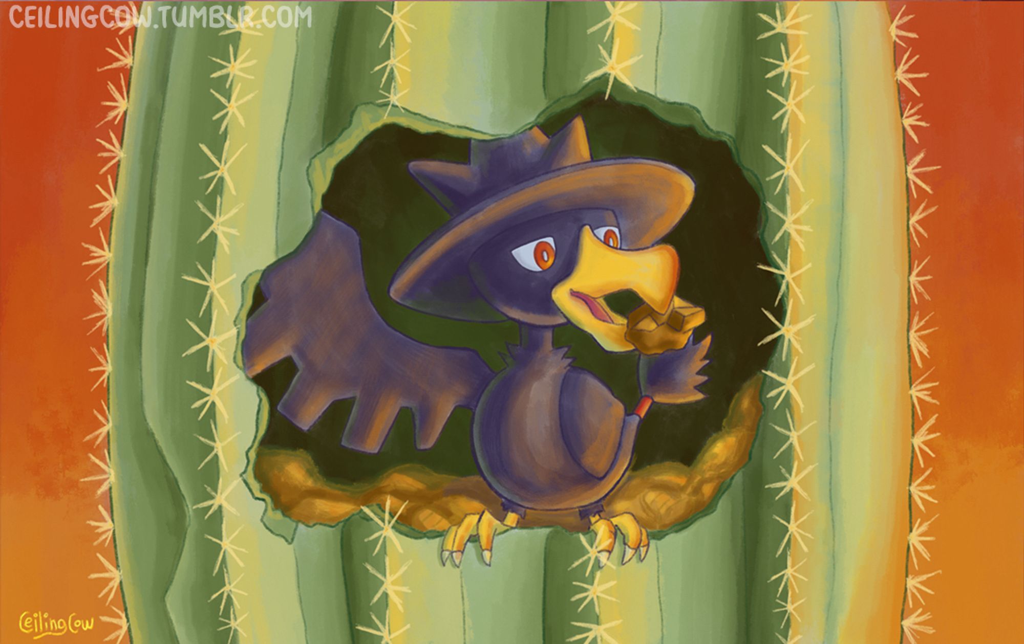 Digital painting of the black, crow-like Pokemon Murkrow. it clutches a nugget of gold or pyrite in its beak as it perches in front of its hoard of treasures stashed inside a hole in a cactus. the green of the cactusstands out against a background of a red, orange and yellow sunset.