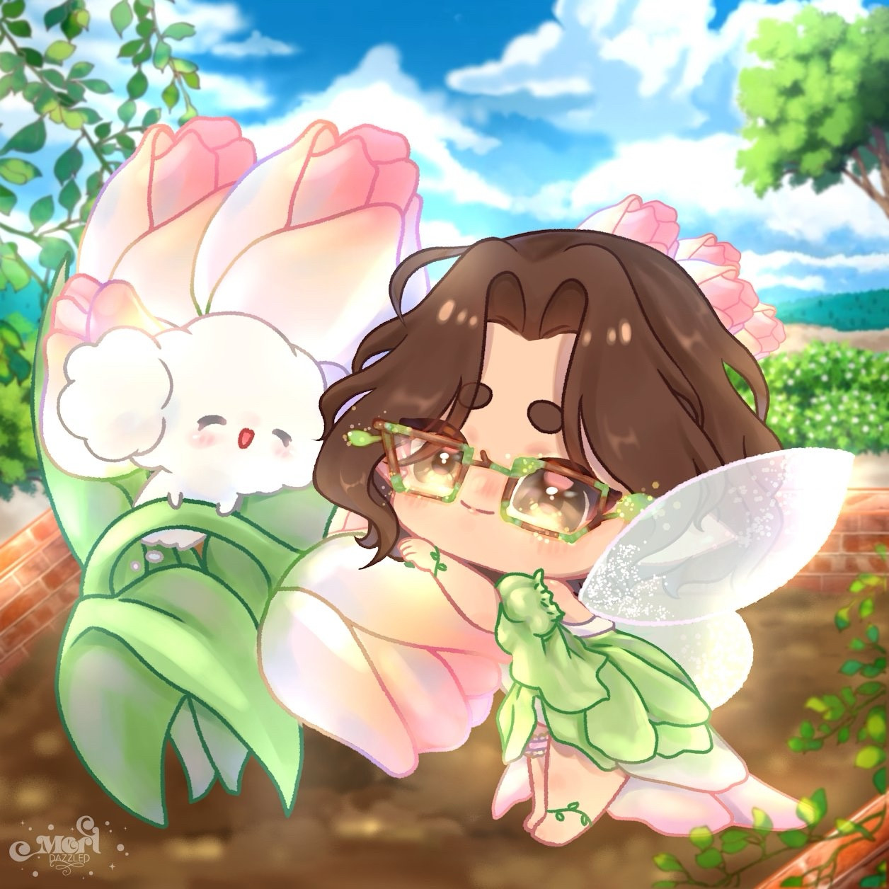 Bri in a green petal dress with fairy wings, leaning against a bouquet of pink tulips. Cogimyun from Sanrio is nestled on the stem of the same tulip.