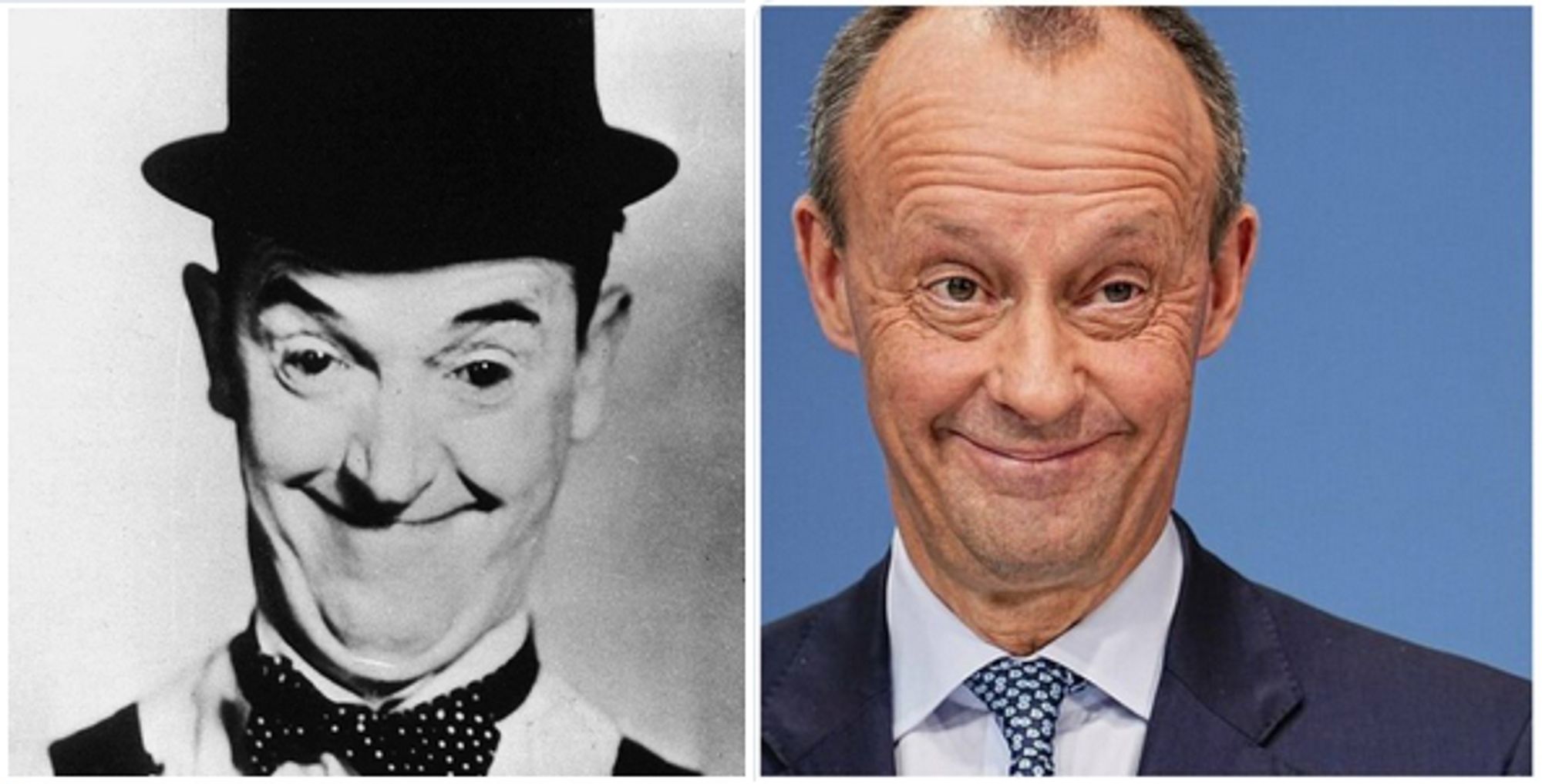 Fotos von Stan Laurel und Friedrich Merz mit sehr ähnlicher Mimik