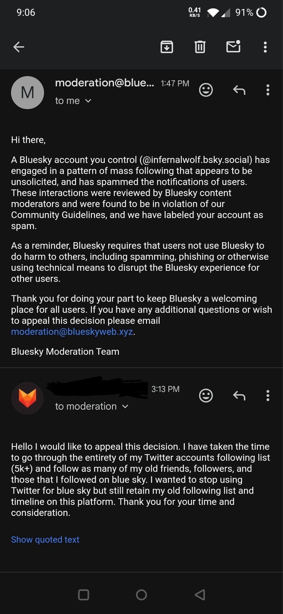 Email and reply from bluesky@moderation.xyz to my gf