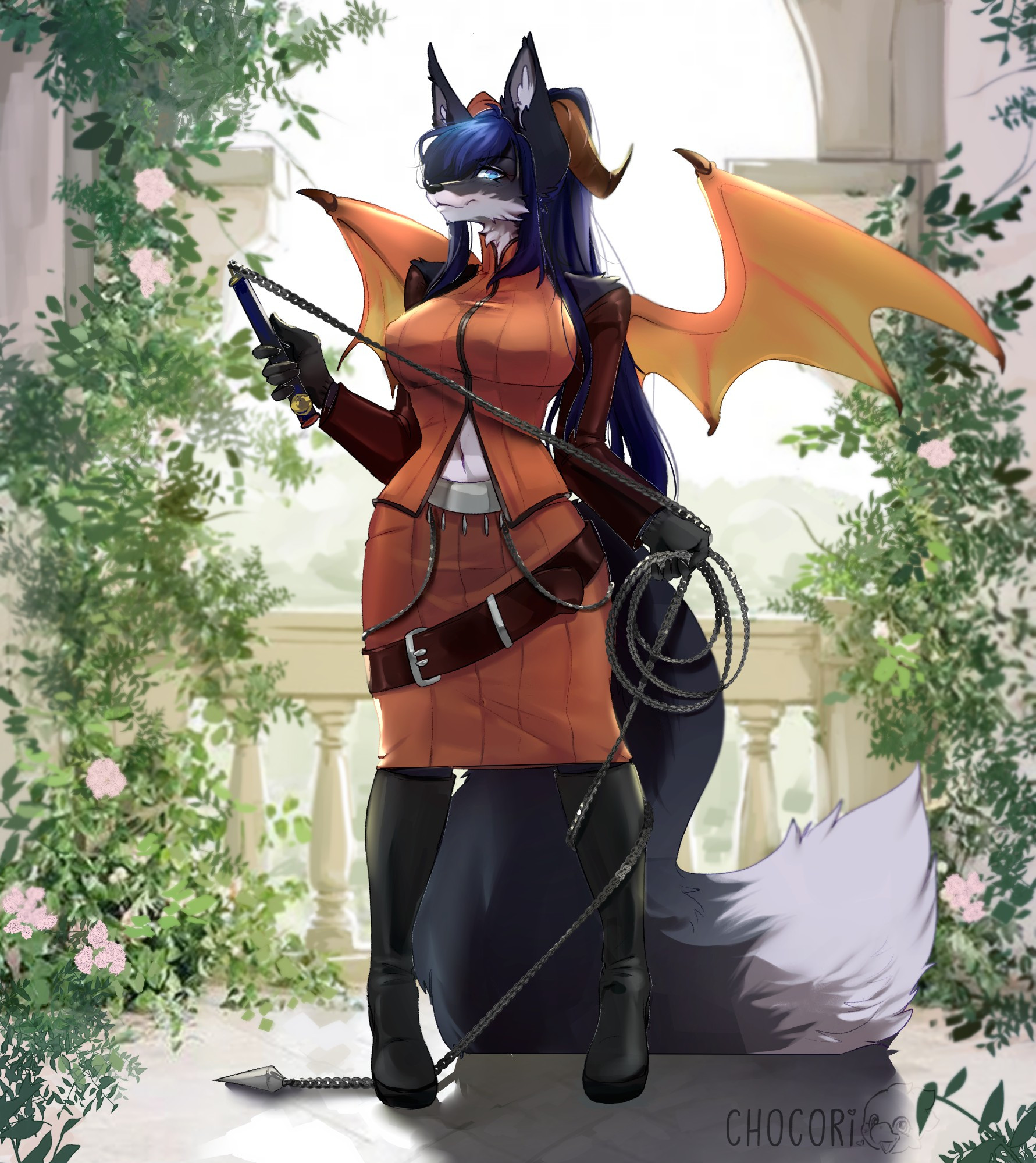 LexiLionhearts's fursona Nocta, who is a black-furred Dragonfox, with dark blue hair, brown horns, and orange dragon wings. She is cosplaying as Quistis from Final Fantasy VIII in her non-SeeD uniform, with the orange vest and skirt, black boots, gloves, and a chain whip.