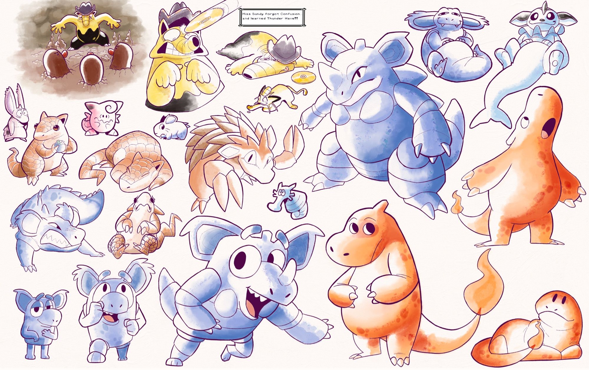 A page full of sketches of pokemon doing various things in the top corner of the page a drowzee is being cornered by diglett in a tunnel and hit by a tm in the forehead, beneath that a sandshrew can be seen holding an orange berry and taking a nap. Below that a Nidoran can be seen growling at a sniveling sandshrew, the rest of the page depicts pokemon in various poses