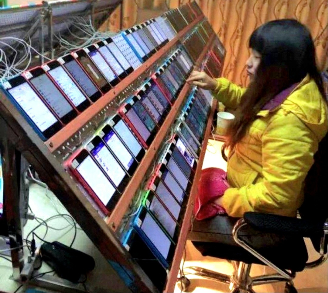 Photo of bot station of three rows of smart phones about 30 long with one operator sitting in a chair using them all