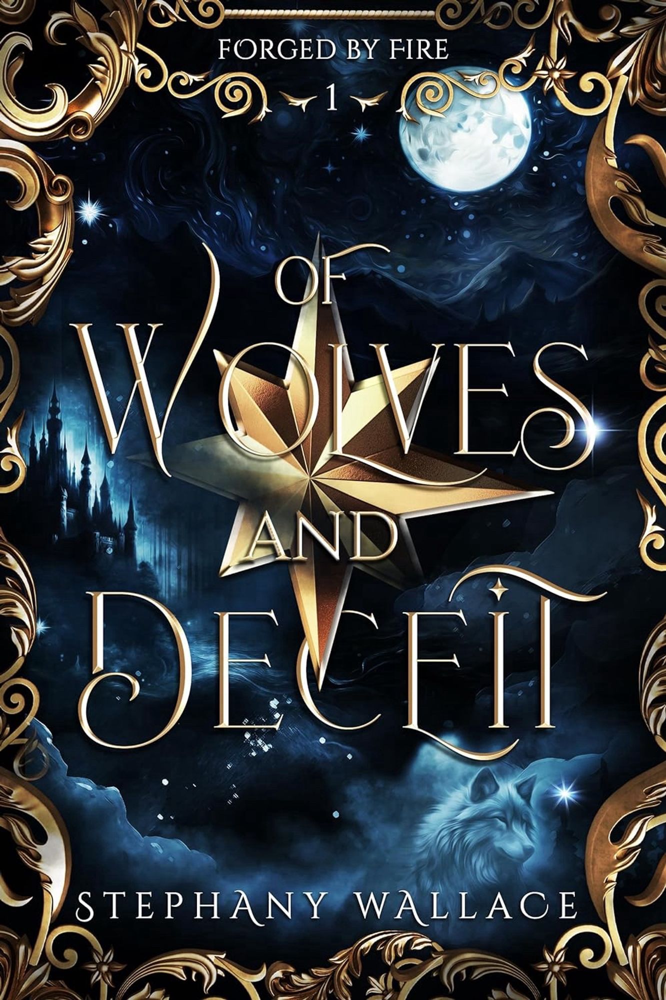 Book cover for Of Wolves and Deceit by Stephany Wallace. Blue with gold detailing.