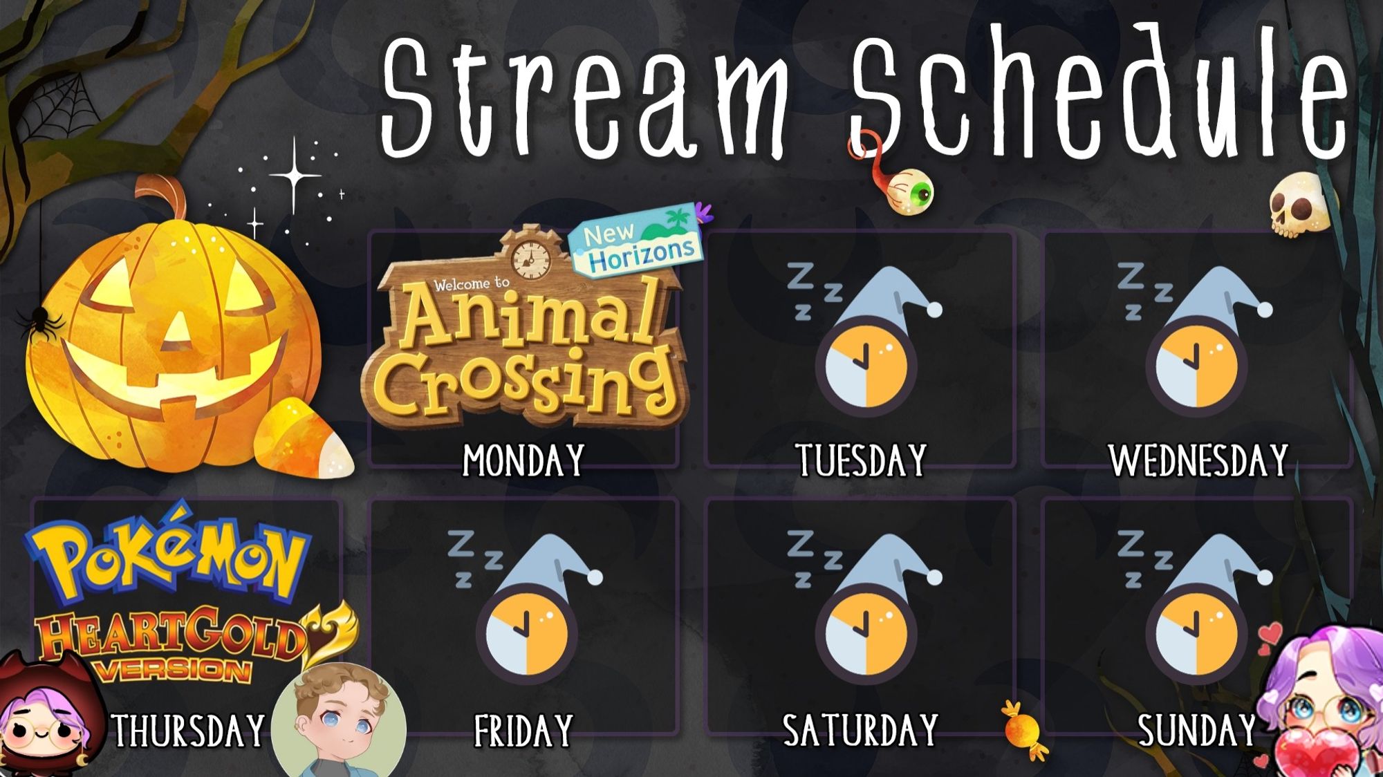 Mikibymoonlight's stream schedule for the week. On Monday they will be playing Animal Crossing New Horizons. On Thursday they will be playing Pokemon Heart Gold Soul Link with Dylbydoodles.