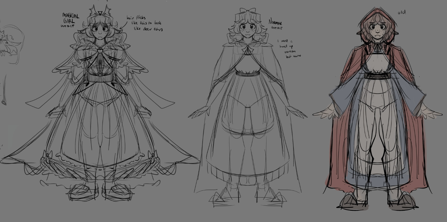 Three front facing symmetrical full body drawing concepts of Lil Red Riding Hood in a Magical Girl form with man apple motifs and ribbons while the other two are potential normal outdoor outfits, one is coloured and one is more up to date but uncoloured.