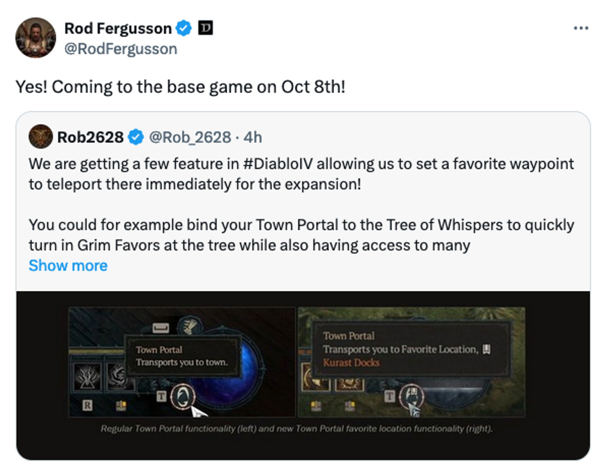 A retweet by Rod Fergusson confirming another tweet featuring an image of the diablo 4 UI, with text on the portal button explaining that it "transports you to favorite location."