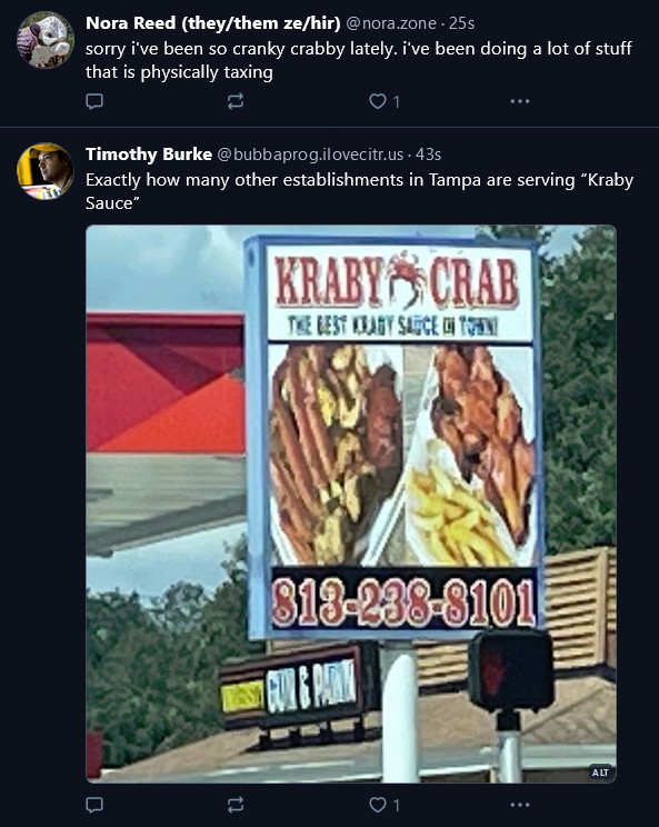 nora's post of being crabby above a sign for a restaurant called KRABY CRAB in front of GUN & PAWN