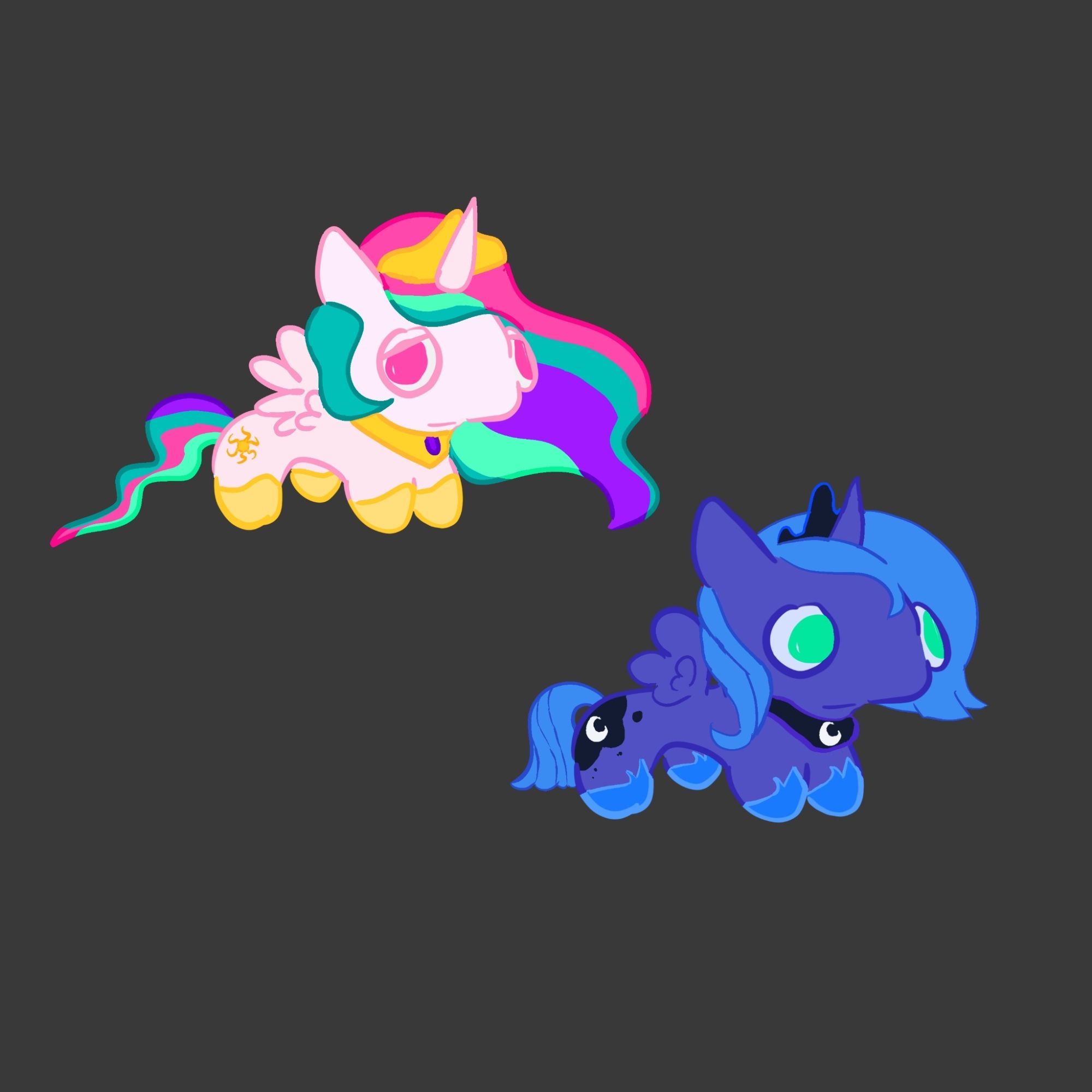 Little drawings of the princesess from My Little Pony: Friendship Is Magic. These are Princess Celestia and Princess Luna. These designs are not present throughout the mayority of the series.