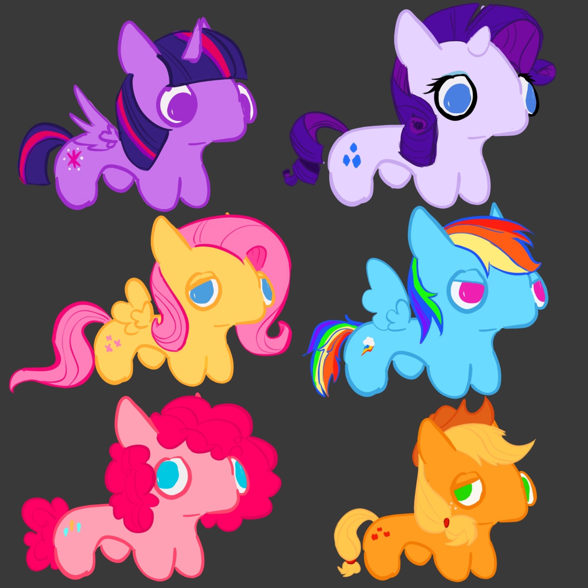 Little drawings of the main 6 ponies from My Little Pony: Friendship is Magic. names being Twilight Sparkle, Rarity, Fluttershy, Rainbow Dash, Pinkie Pie and Apple Jack.