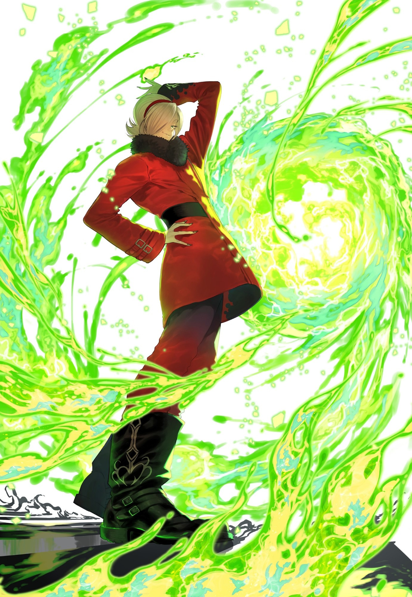 ash from King of fighters doing a special attack where he makes a giant green fireball, or at least I think it's fire? his name is crimson but he's green. is he like mario and luigi combined?? I don't really get his deal