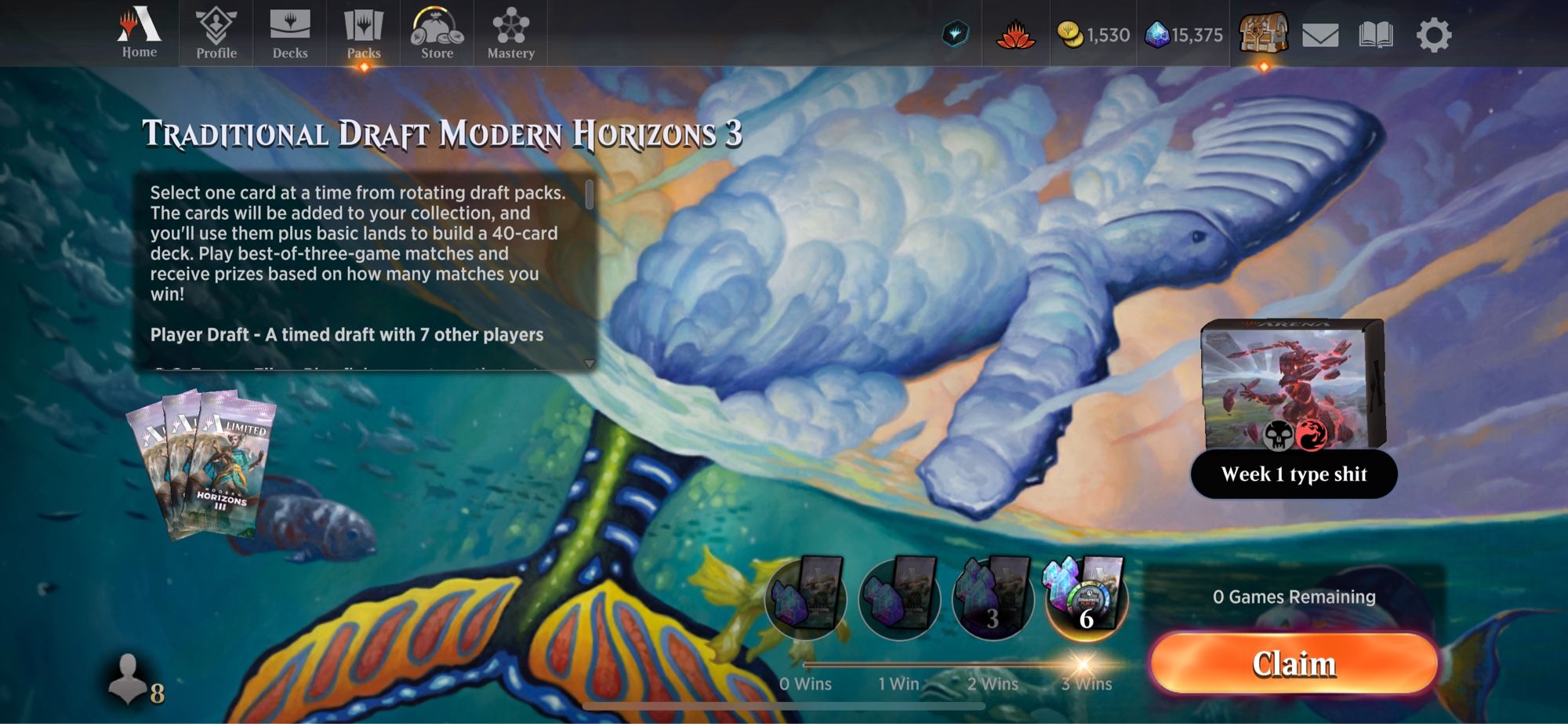 A screenshot of Magic Arena, depicting a 3-0 trophy draft run of Modern Horizons 3. The deck is named, “Week 1 type shit.”