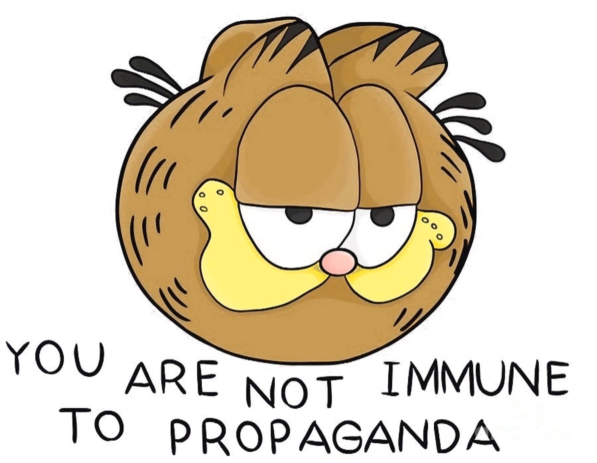 An image of the cartoon Garfield's head with the text "you are not immune to propaganda"