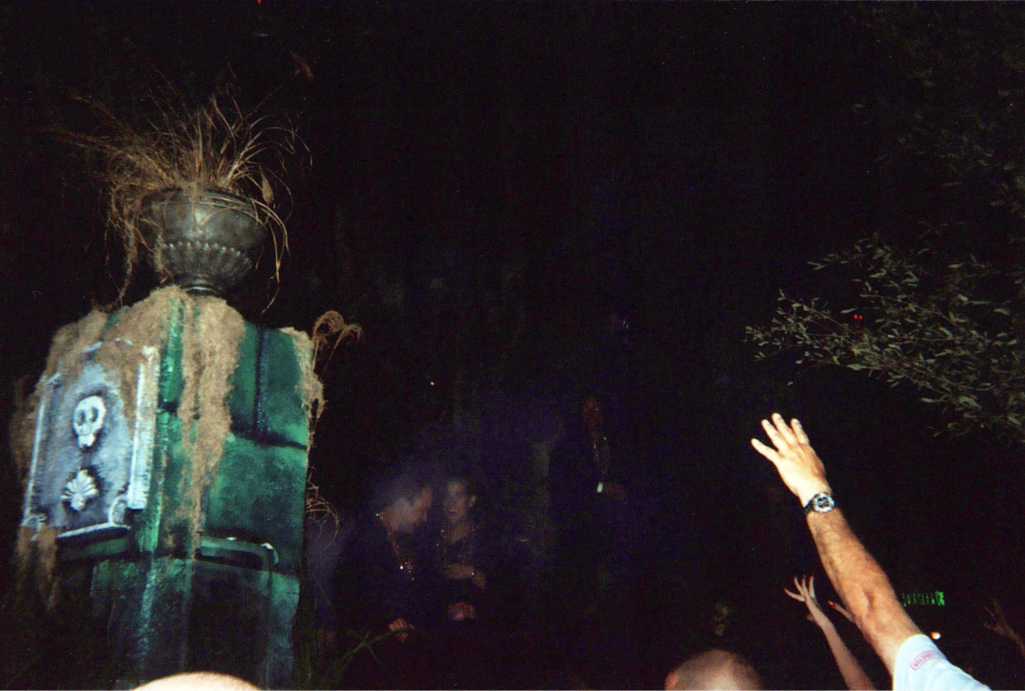 A parade float at night. It’s hard to see the bulk of the float. Nearby, however, is a green, stone brick pillar covered in moss. A gray stone plaque with an etched stone. A top the pillar is a large flower pot with a dead fern. Guests reach in the air, wanting the (barely seen) float riders to throw them beads.