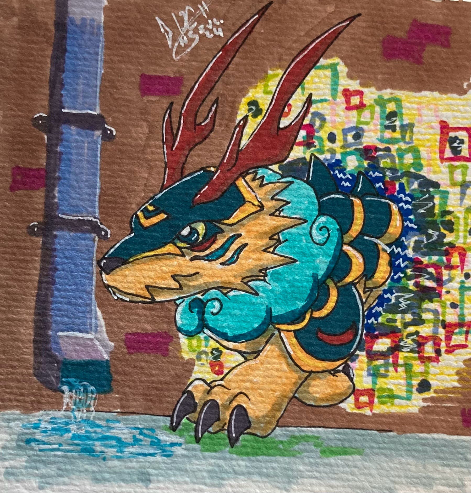 A traditional drawing of a digimon, aurarimon, a dog like creature with black and golden armor with red horns. He is popping from a wall throught a digital gate with a lot of colorful squares around. Aurarimon belongs to TazzyHere!