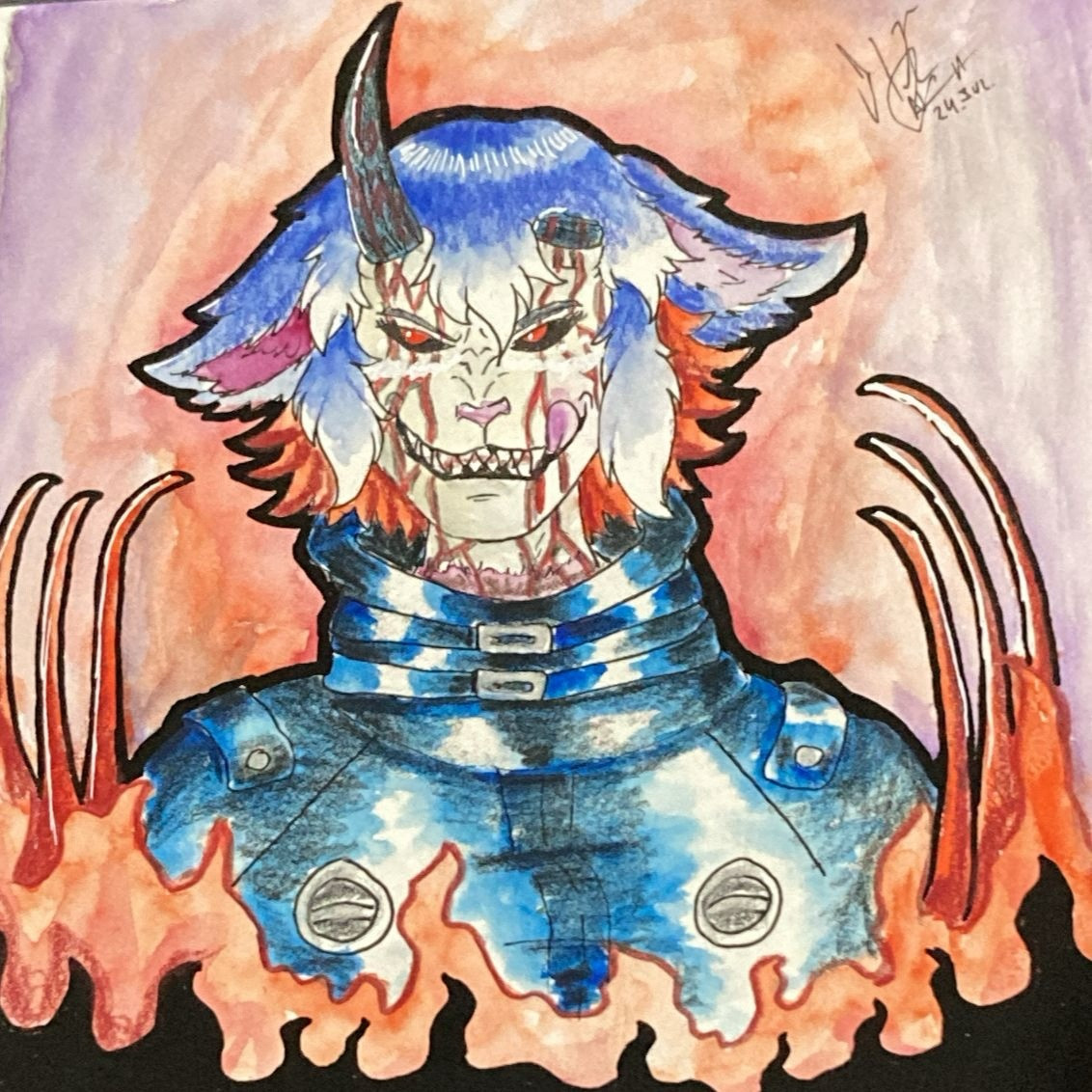 A watercolor and color pencils picture of the character Nao/aether on her voidsent form. She has blue and white hairs, sharp teeth and long claws. She has two horns on her forehead, the left one is broken. She wears a black learher coat. Nao belongs to aether_artworks