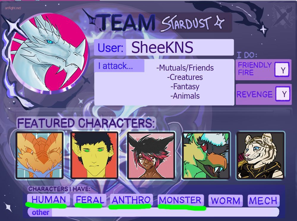 My artfight card, from team stardust, featuring some of my OCs that will participate on it!