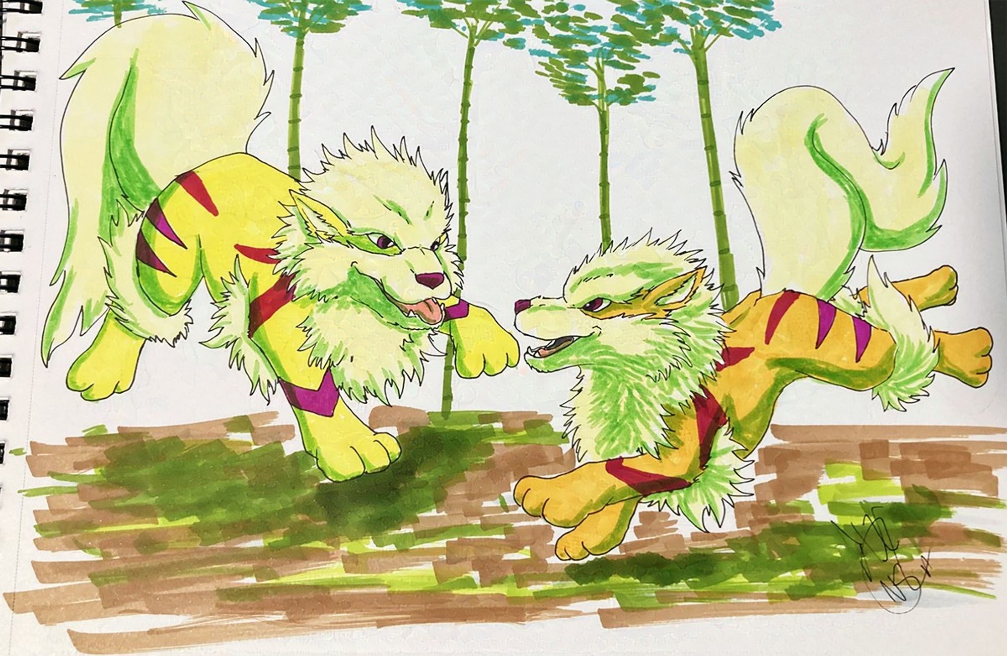 A drawing made on markers of two pokemon, Arcanine, on their shiny version, playing. They are dog like monsters with very fluffy head, neck and tail.

The one in the left has bright yellow fur and pale yellow mane, with red-ish stripes, nose and eyes. It has its tongue out and has the left front paw up in a playful pose.
The one in the right is running towards the left, its back paws up. The fur is golden yellow, with a touch of orange.
The shading in both of them is green.
The background is simple with some bamboo trees in a white background. The gound is painted on brown and green strokes.