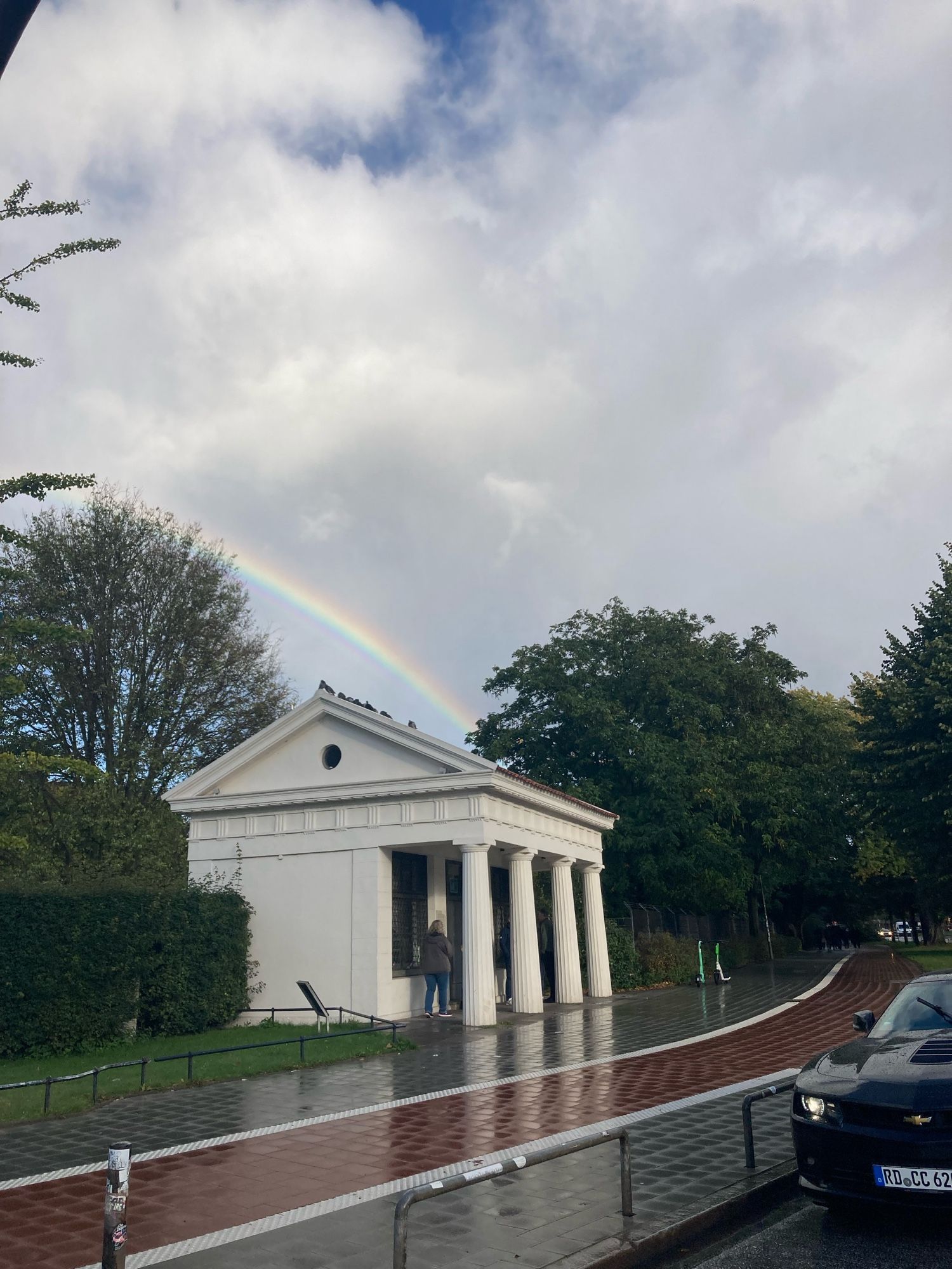 Rainbow over a building