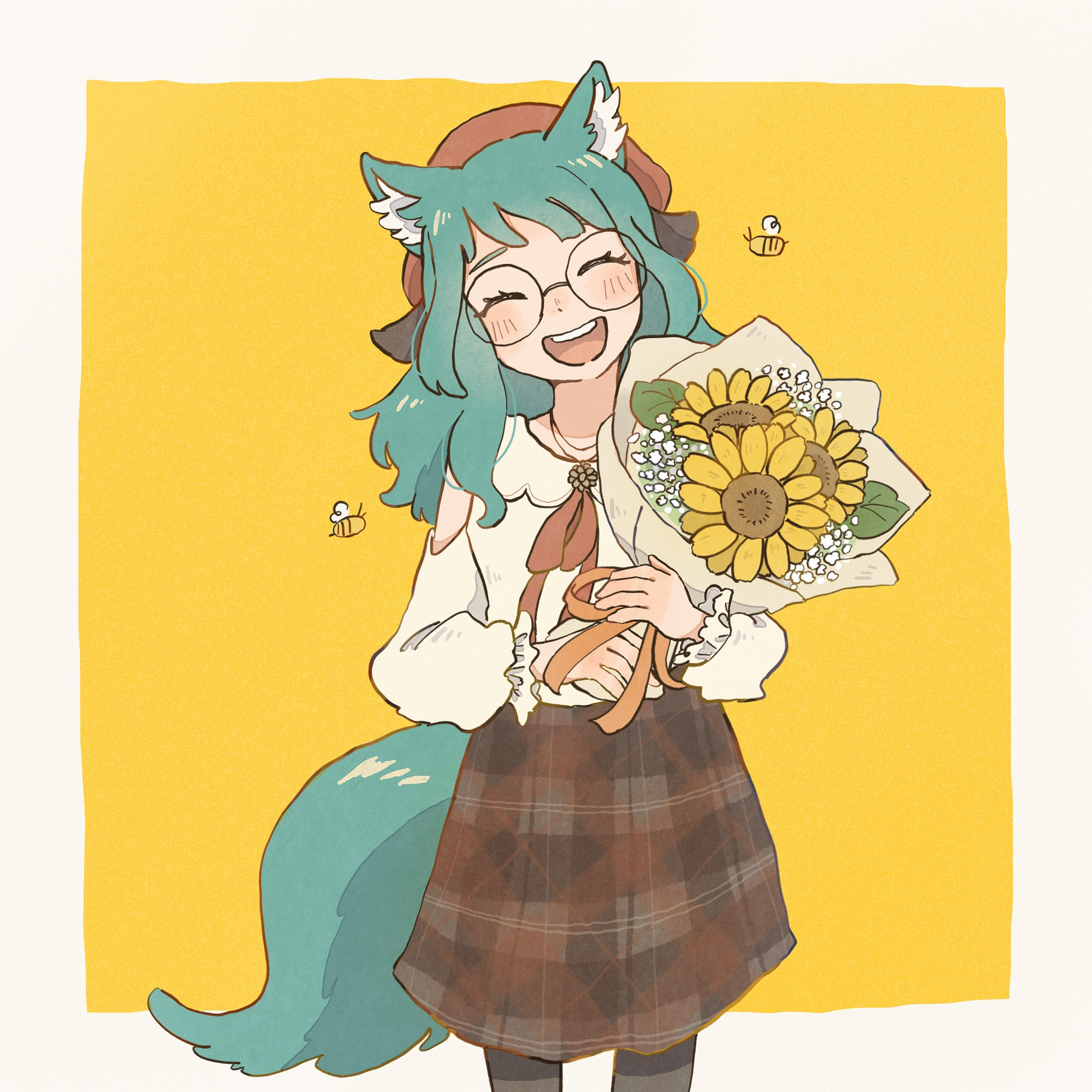 art of clover inari holding sunflowers, by https://skeb.jp/@jiro__rincho